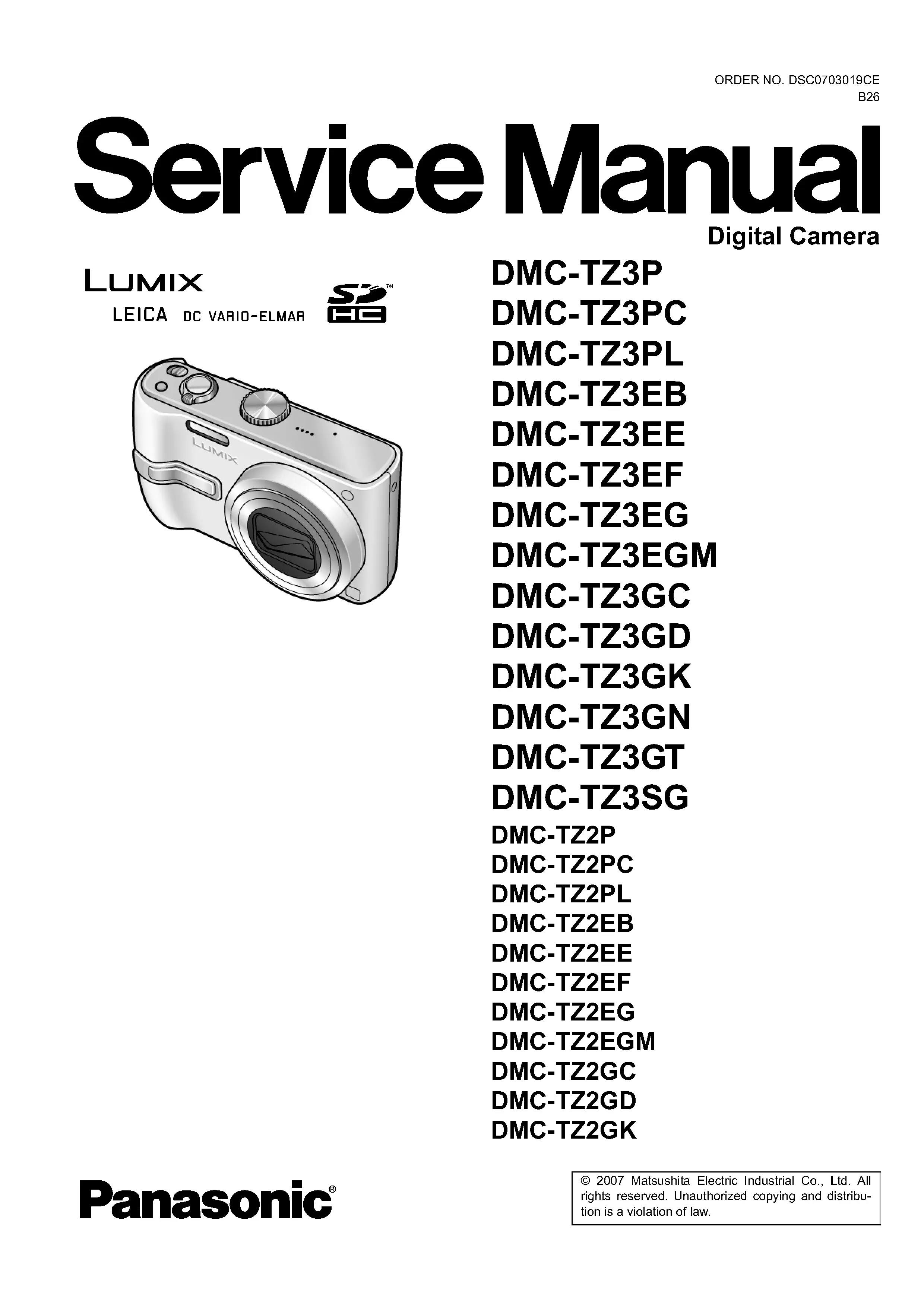 Panasonic lumix dmc tz3 service manual cover with picture of the camera, model type and numbers, manual creation date and safety and warning notice.