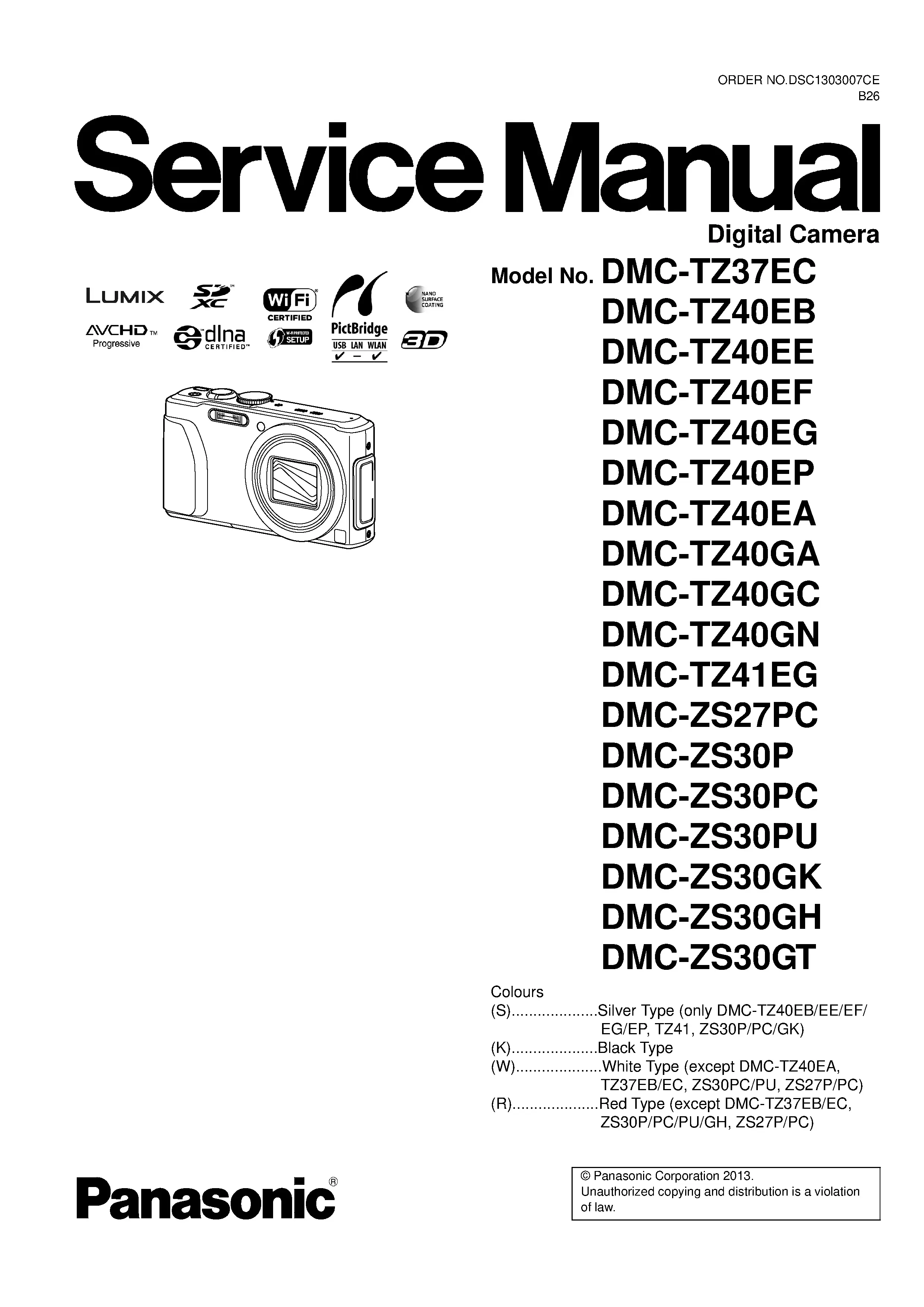 Panasonic lumix dmc tz37 tz40 tz41 service manual cover with picture of the camera, model type and numbers, manual creation date and safety and warning notice.