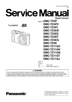 Panasonic lumix dmc tz4 tz11 service manual cover with picture of the camera, model type and numbers, manual creation date and safety and warning notice.