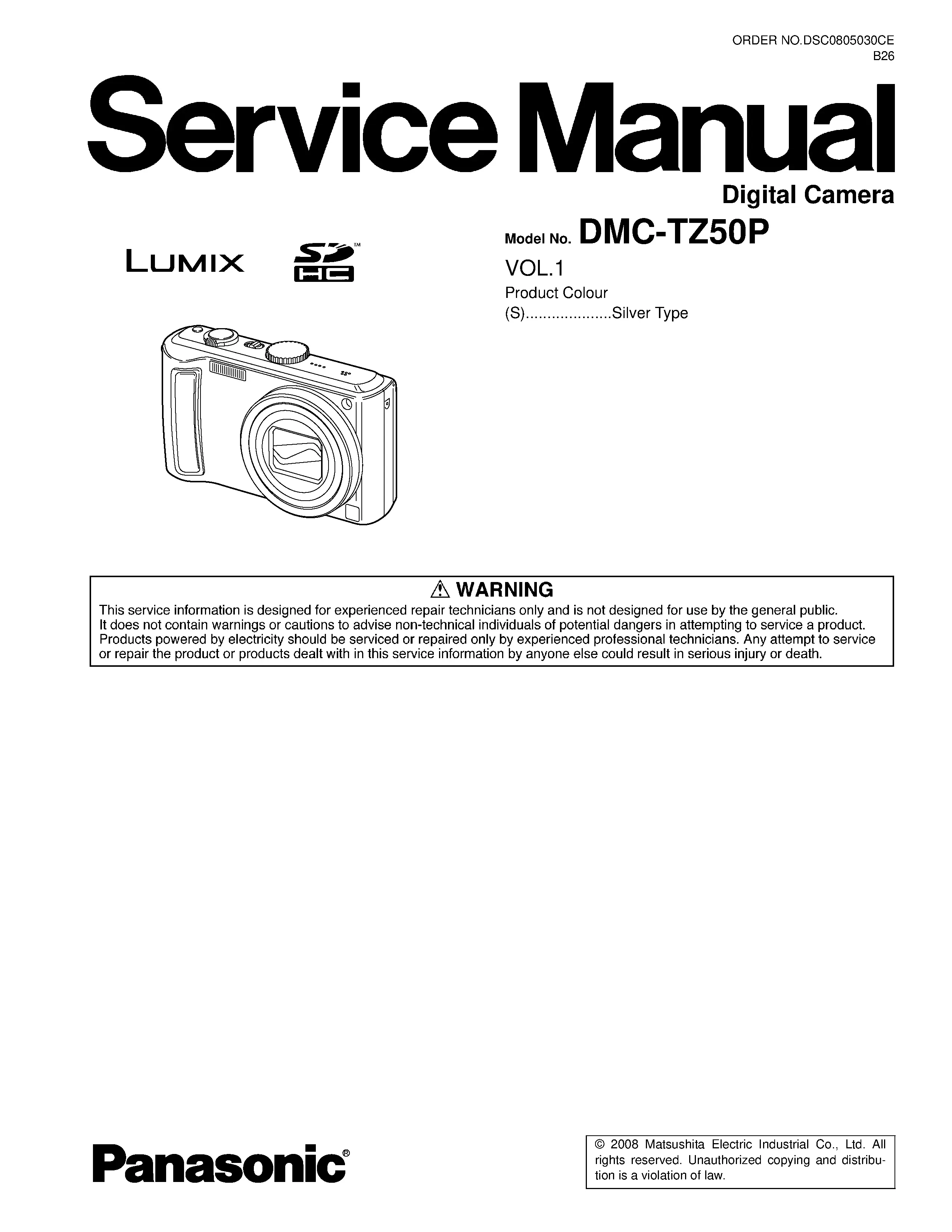 Panasonic lumix dmc tz50 service manual cover with picture of the camera, model type and numbers, manual creation date and safety and warning notice.