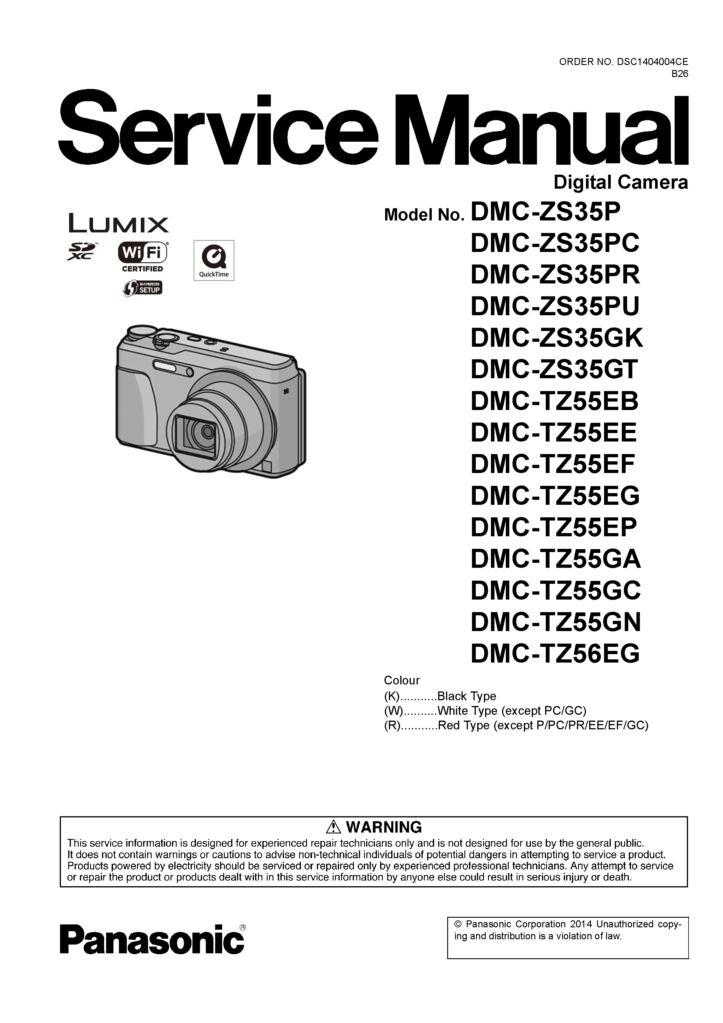 Panasonic lumix dmc tz55 tz56 service manual cover with picture of the camera, model type and numbers, manual creation date and safety and warning notice.