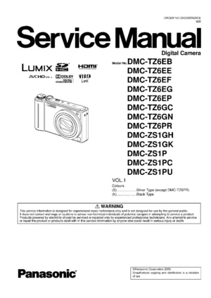 Panasonic lumix dmc tz6 zs1 service manual cover with picture of the camera, model type and numbers, manual creation date and safety and warning notice.