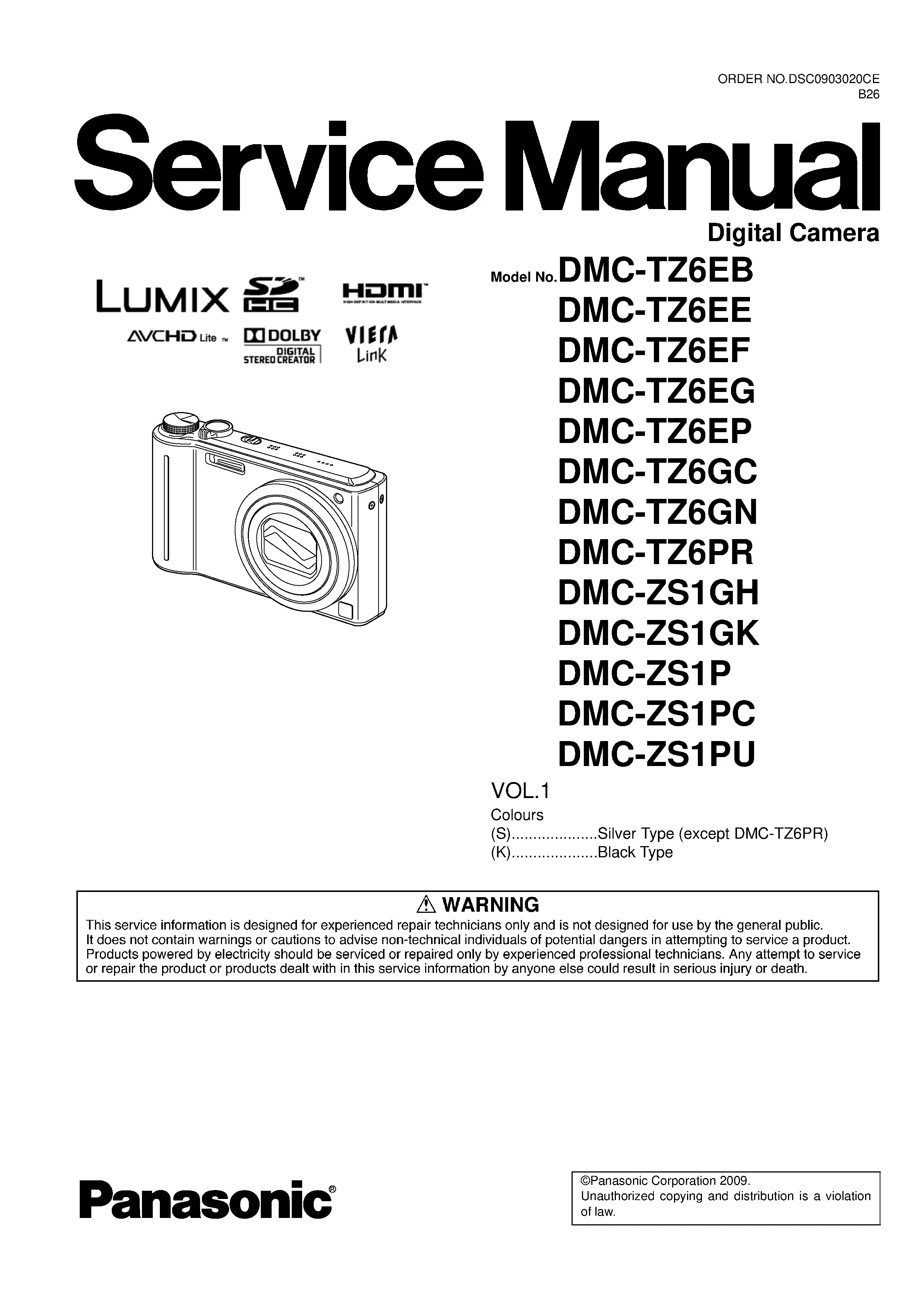 Panasonic lumix dmc tz6 zs1 service manual cover with picture of the camera, model type and numbers, manual creation date and safety and warning notice.
