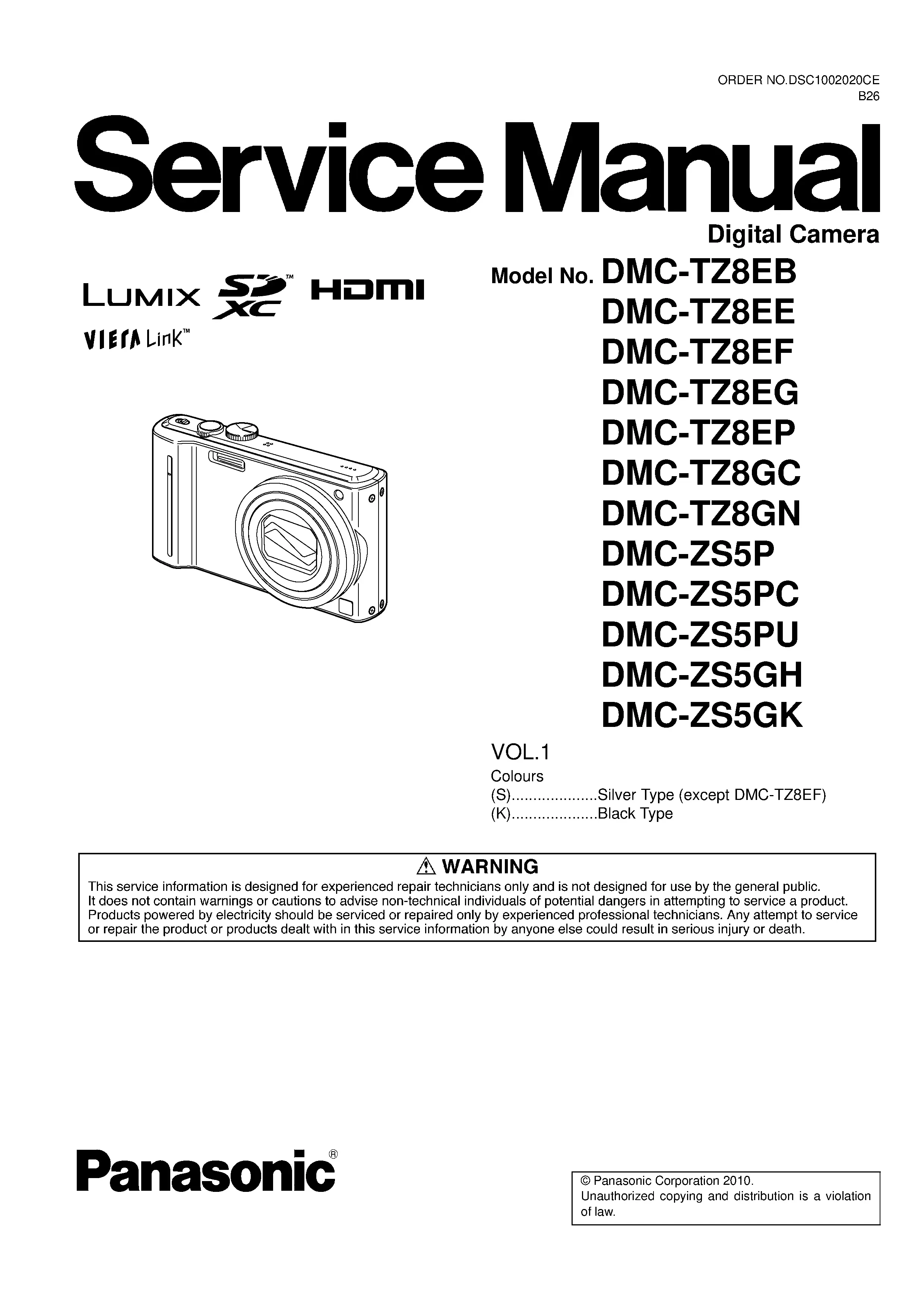 Panasonic lumix dmc tz8 zs5 service manual cover with picture of the camera, model type and numbers, manual creation date and safety and warning notice.