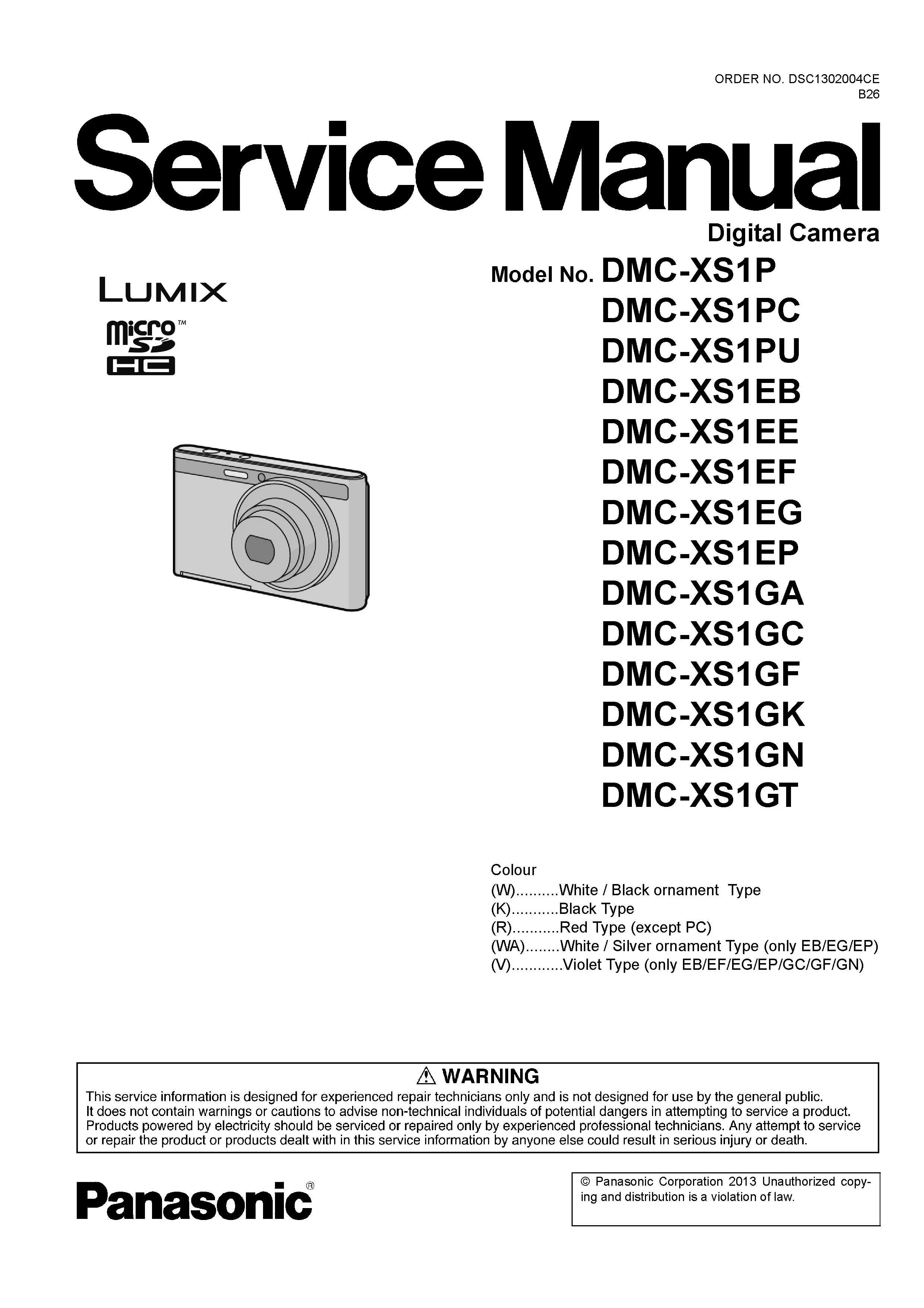 Panasonic lumix dmc xs1 xs1p xs1e xs1g service manual cover with picture of the camera, model type and numbers, manual creation date and safety and warning notice.