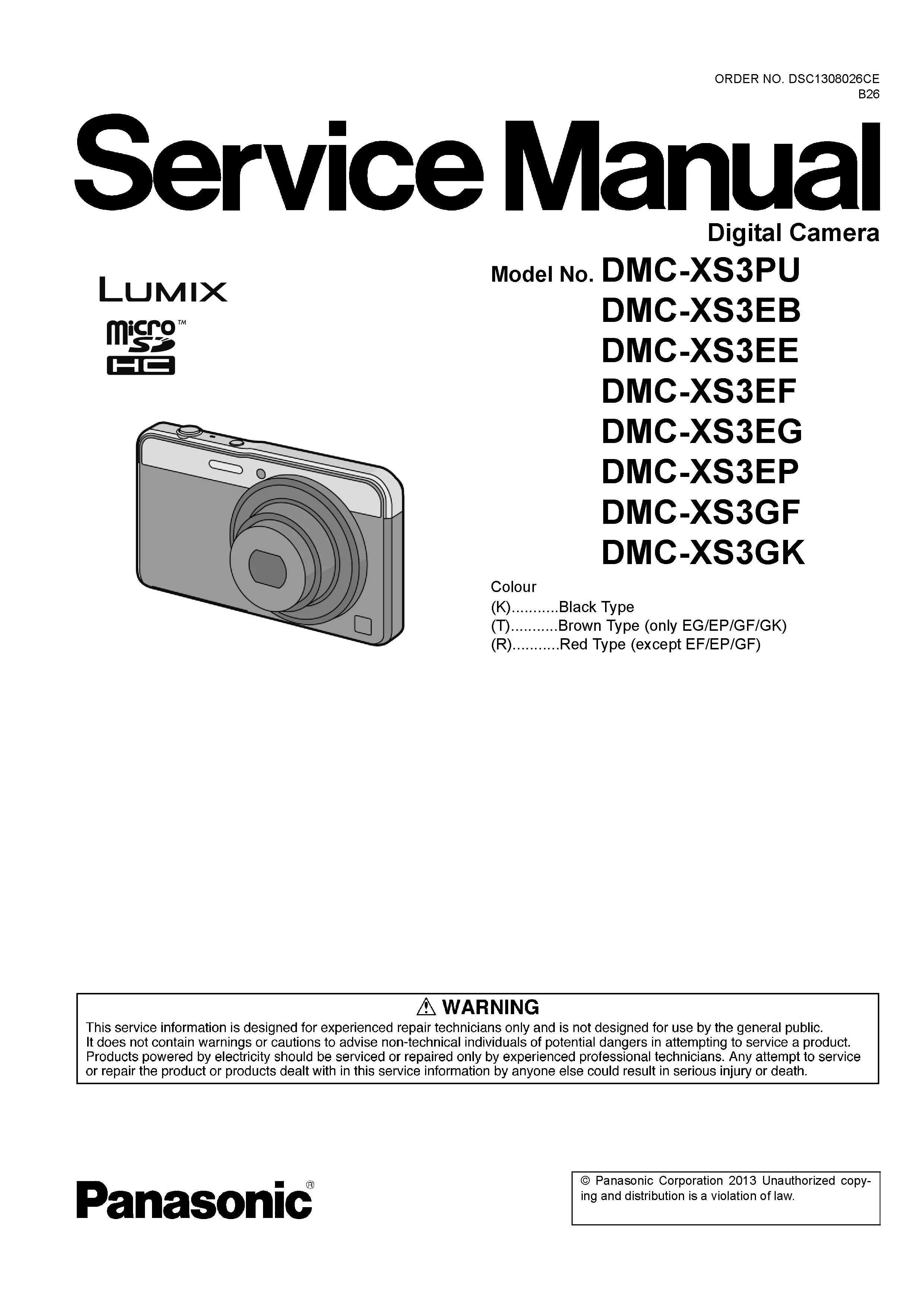 Panasonic lumix dmc xs3 service manual cover with picture of the camera, model type and numbers, manual creation date and safety and warning notice.