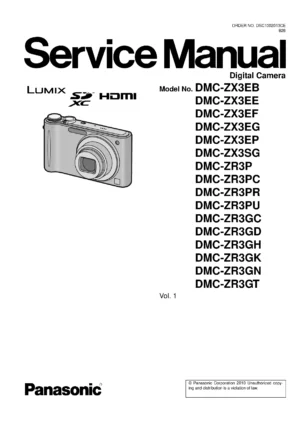 Panasonic lumix dmc zr3 service manual cover with picture of the camera, model type and numbers, manual creation date and safety and warning notice.