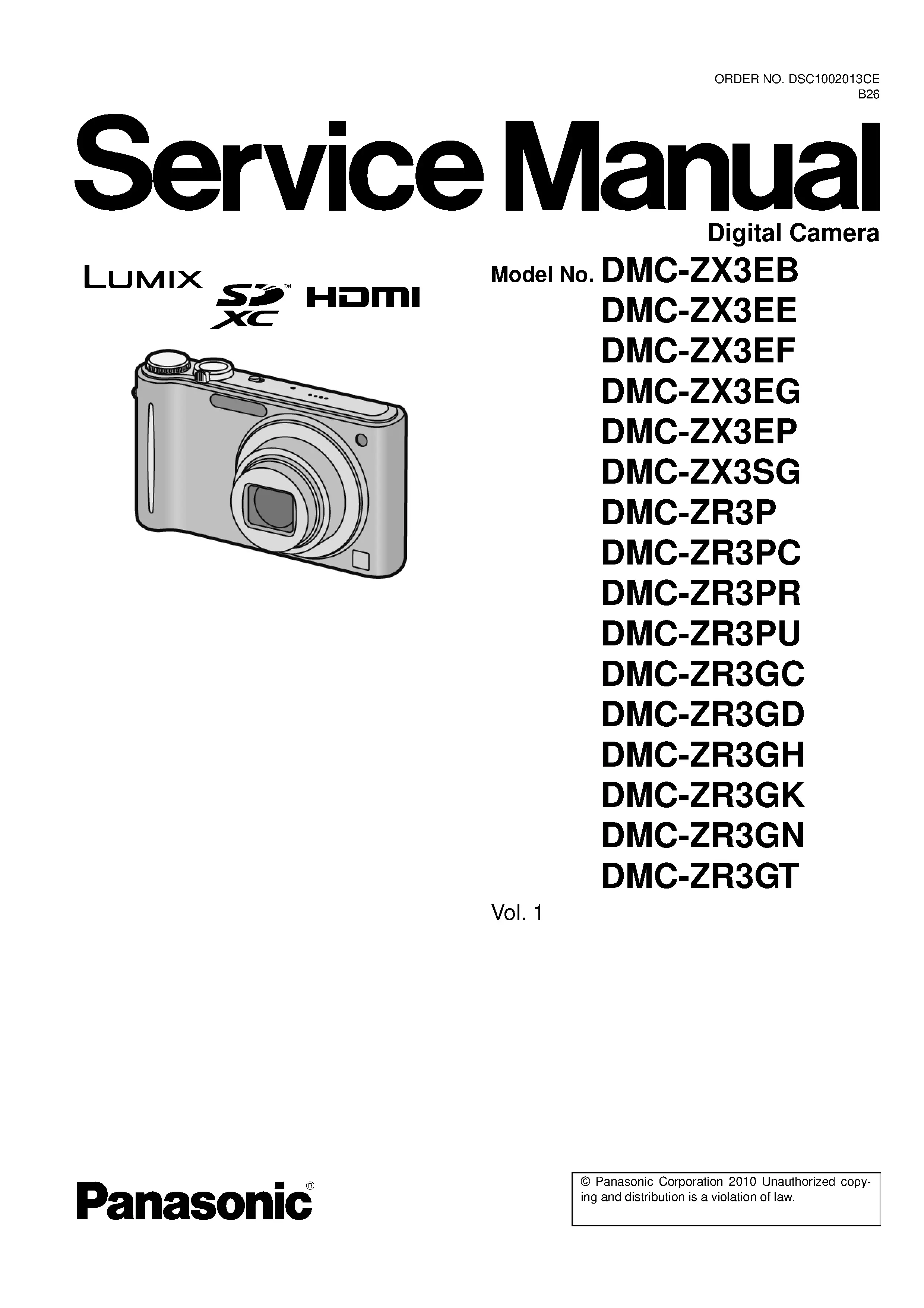 Panasonic lumix dmc zr3 service manual cover with picture of the camera, model type and numbers, manual creation date and safety and warning notice.