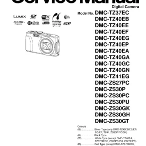 Panasonic lumix dmc zs27 zs30 service manual cover with picture of the camera, model type and numbers, manual creation date and safety and warning notice.
