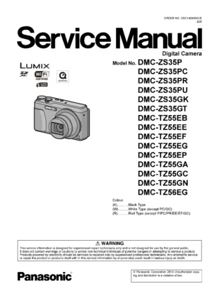 Panasonic lumix dmc zs35 tz55 tz56 service manual cover with picture of the camera, model type and numbers, manual creation date and safety and warning notice.