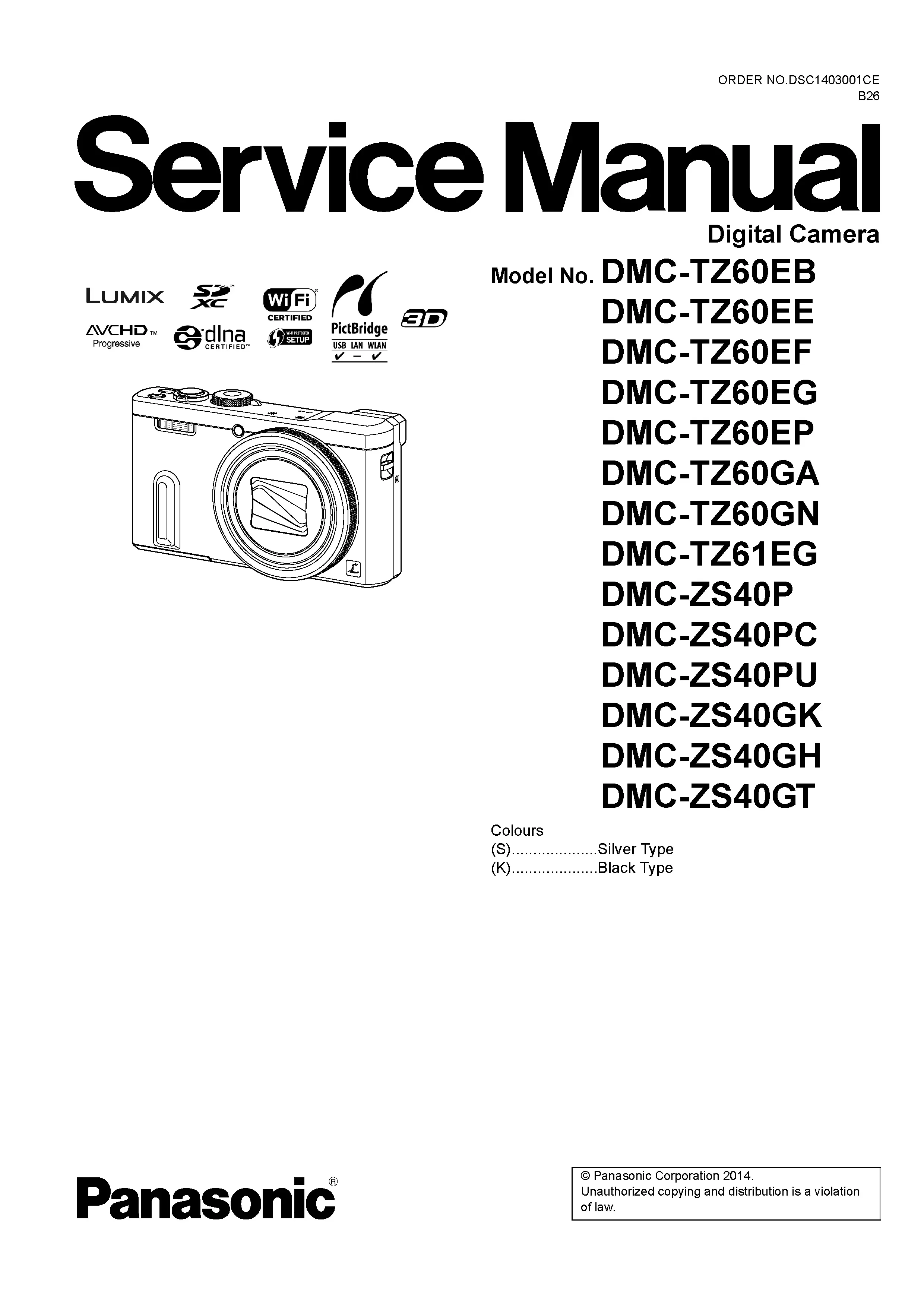Panasonic lumix dmc zs40 tz60 tz61 service manual cover with picture of the camera, model type and numbers, manual creation date and safety and warning notice.