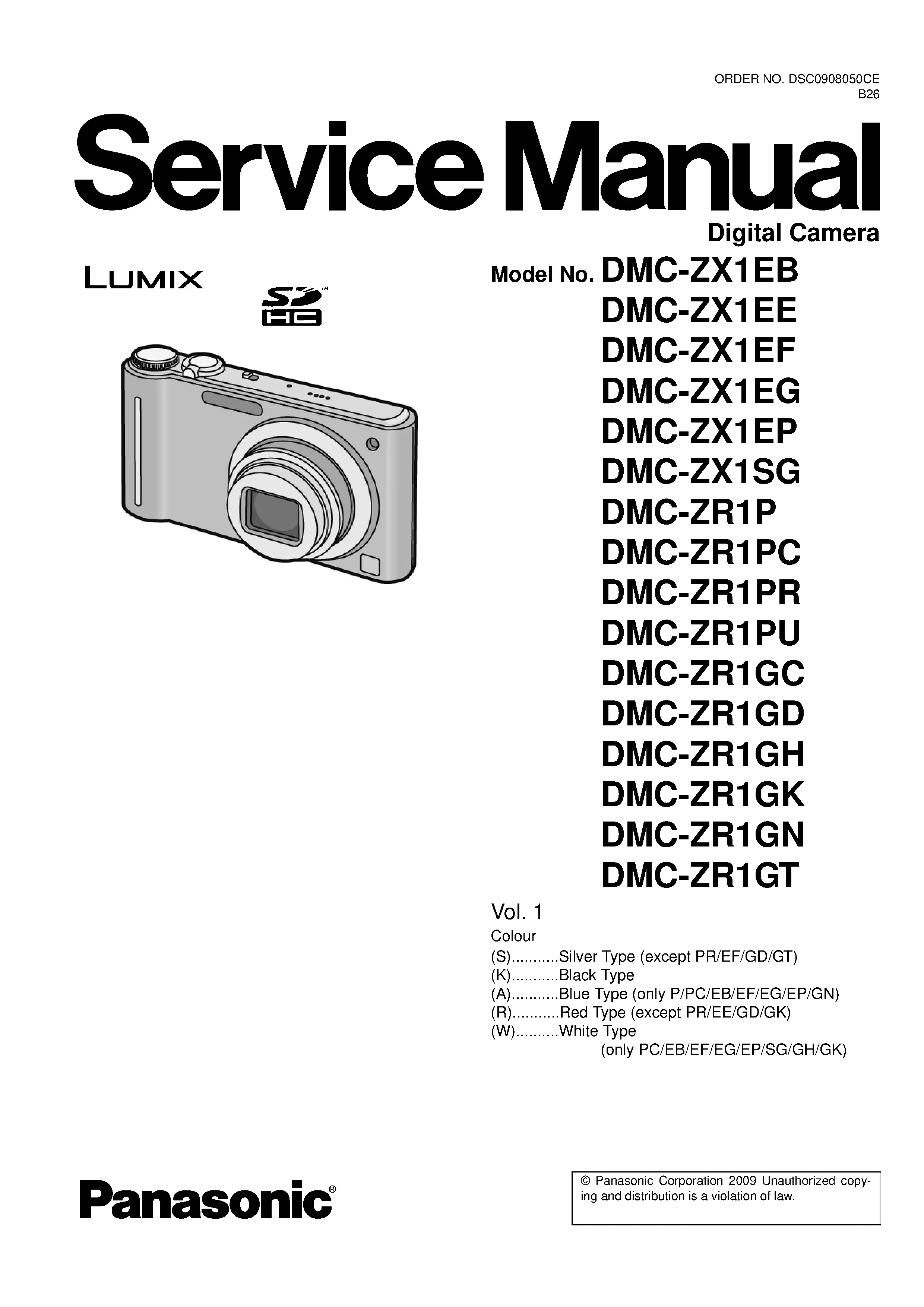 Panasonic lumix dmc zx1 zr1 service manual cover with picture of the camera, model type and numbers, manual creation date and safety and warning notice.