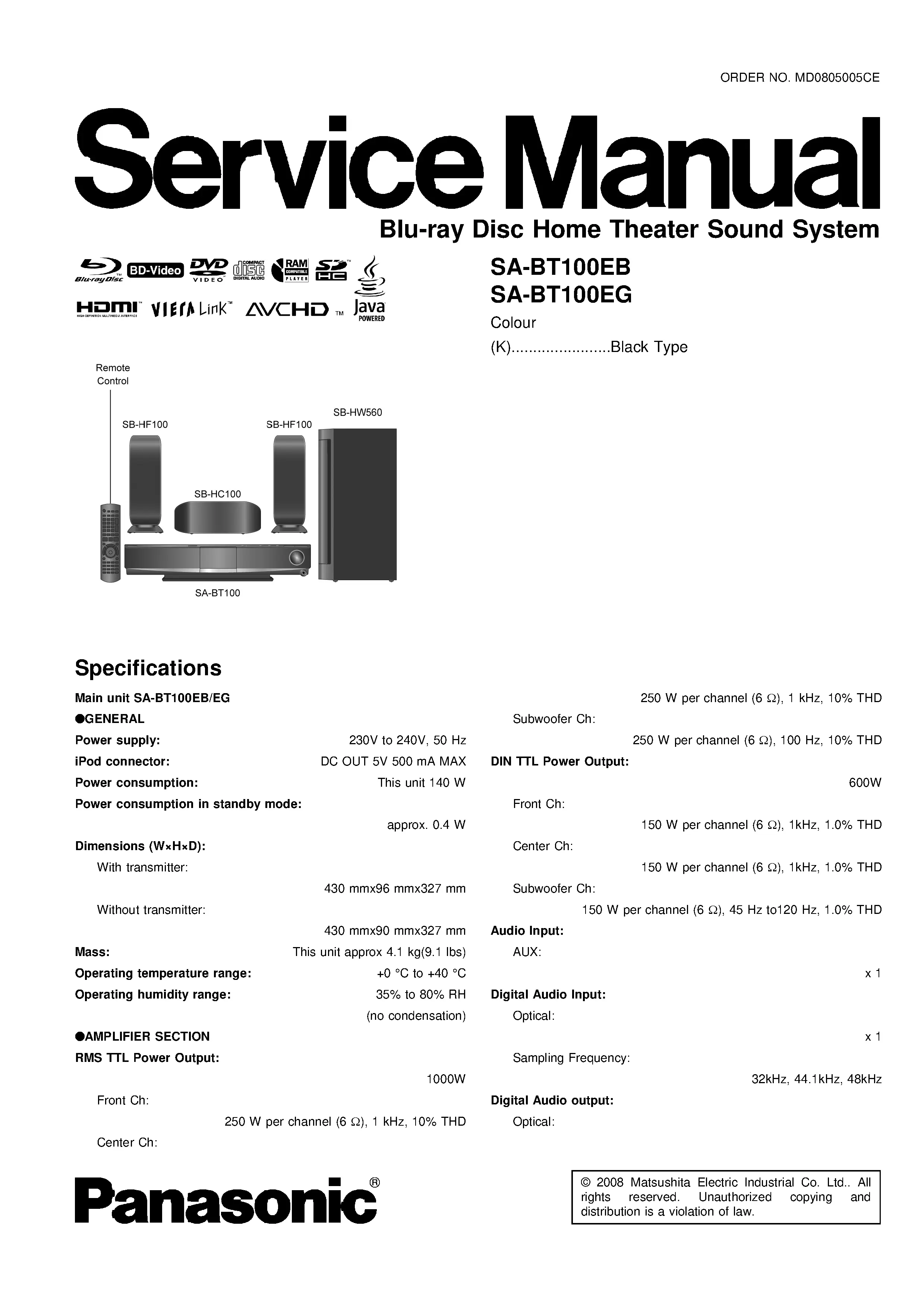 Panasonic sc bt100 bt100eb bt100eg service manual cover