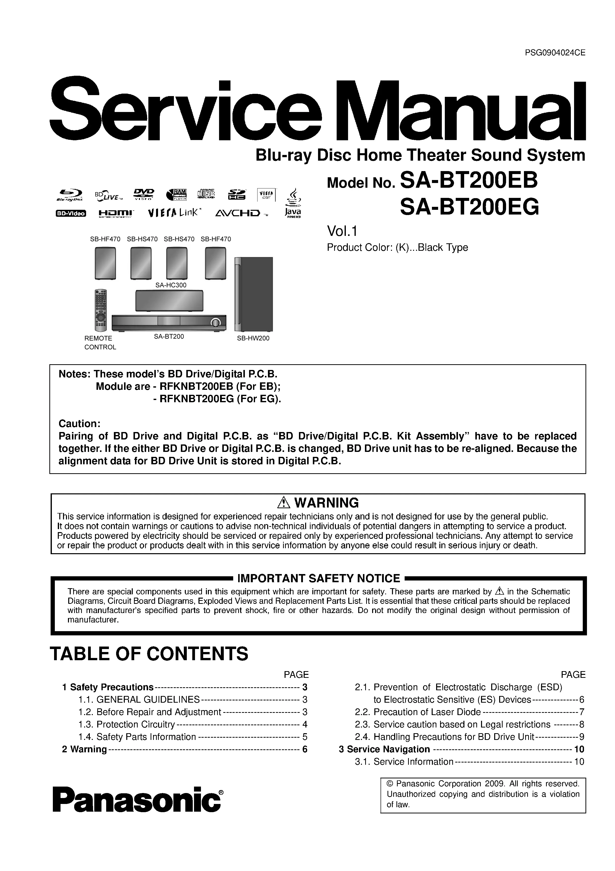 Panasonic sc bt200 bt200eb bt200eg service manual cover