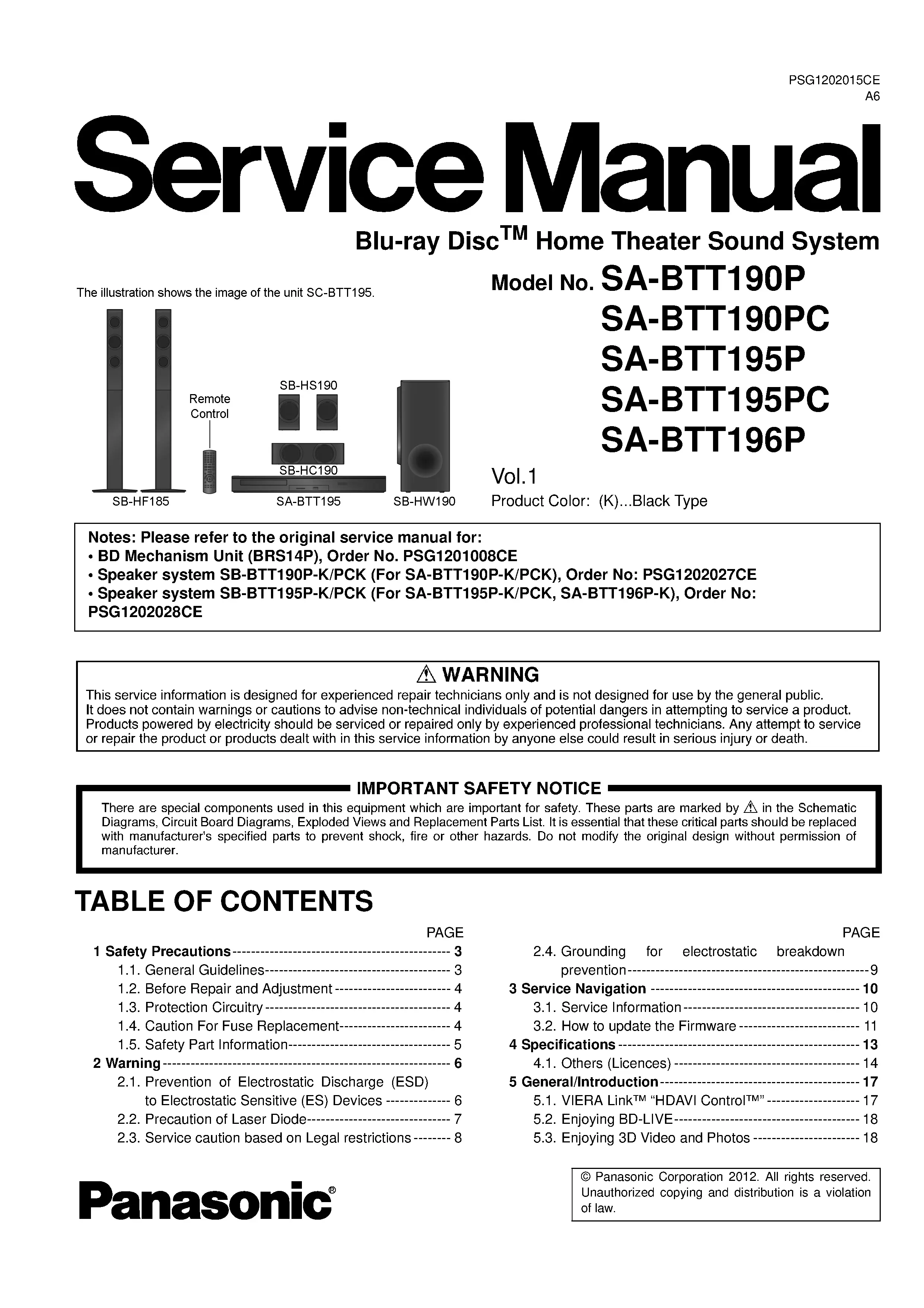 Panasonic sc btt190 service manual cover