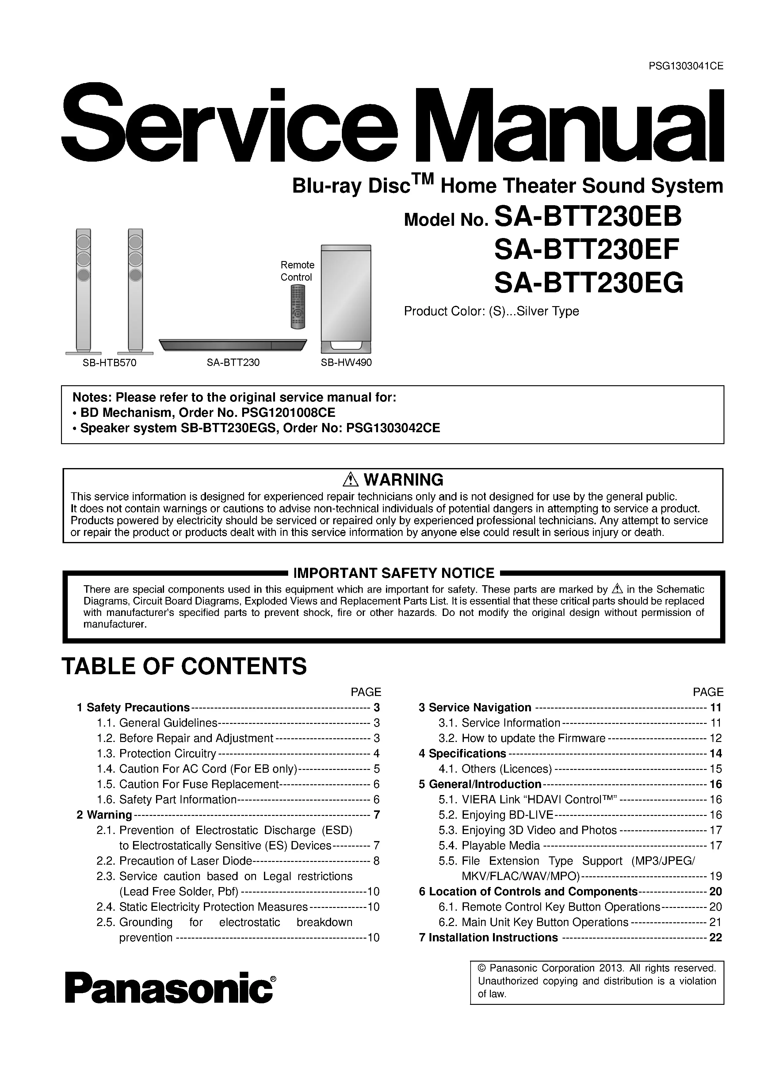 Panasonic sc btt230 btt230eb btt230eg btt230ef service manual cover