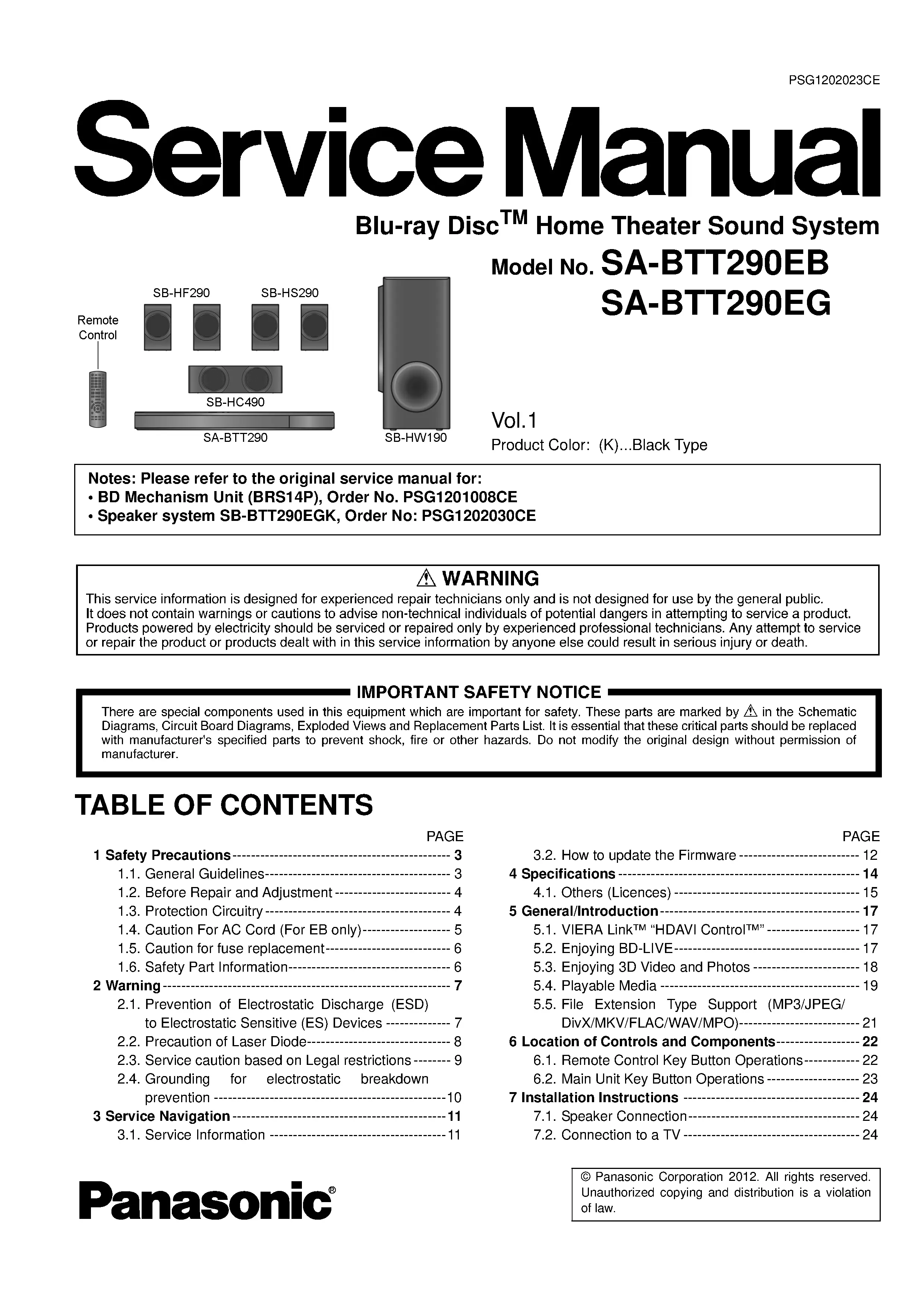 Panasonic sc btt290 service manual cover