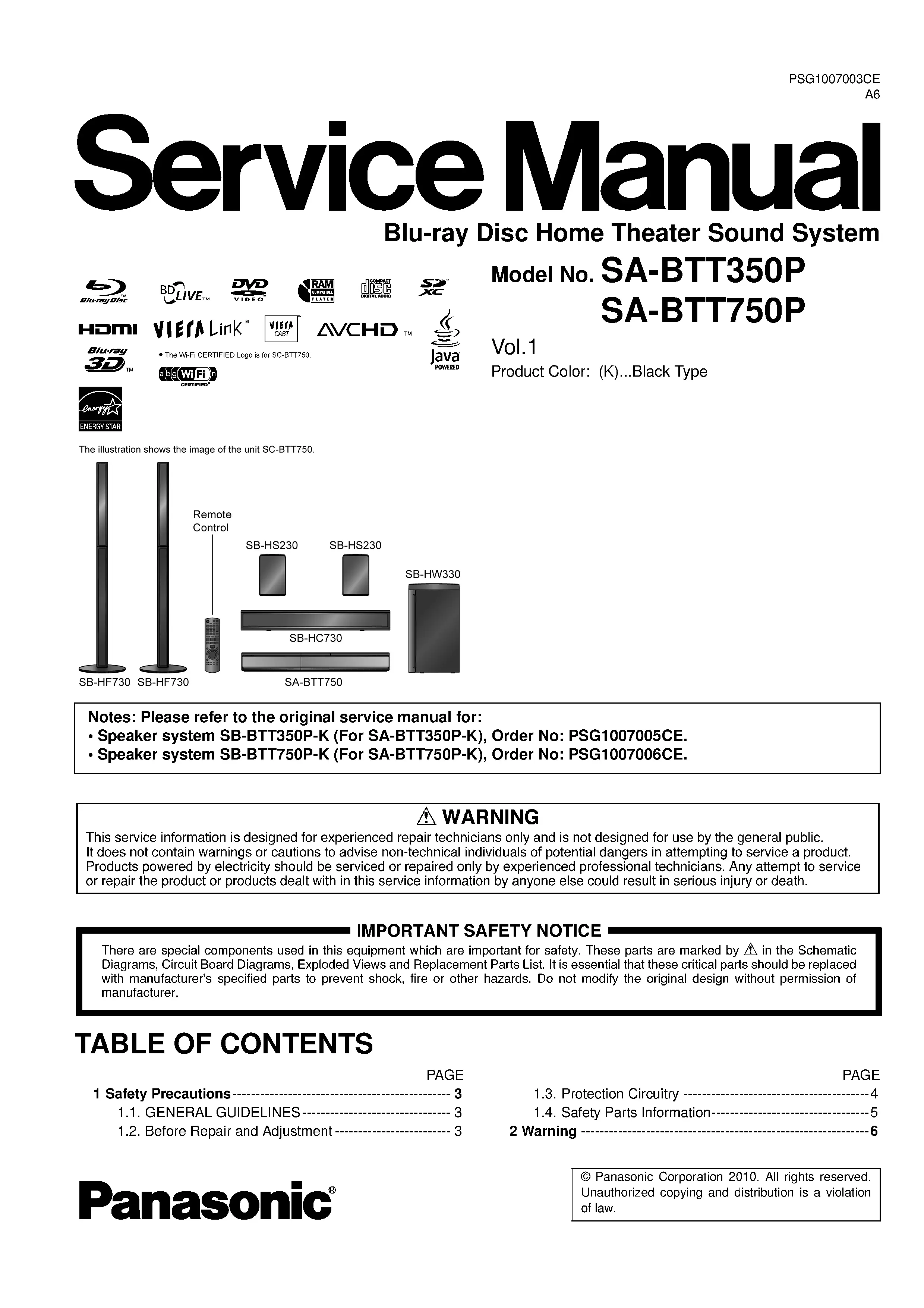 Panasonic sc btt350 btt750 service manual cover