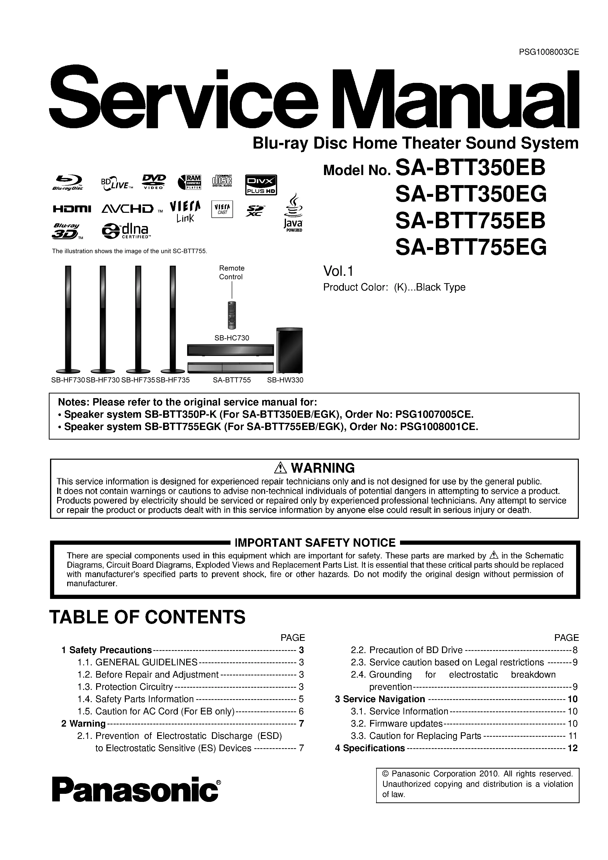 Panasonic sc btt350 service manual cover