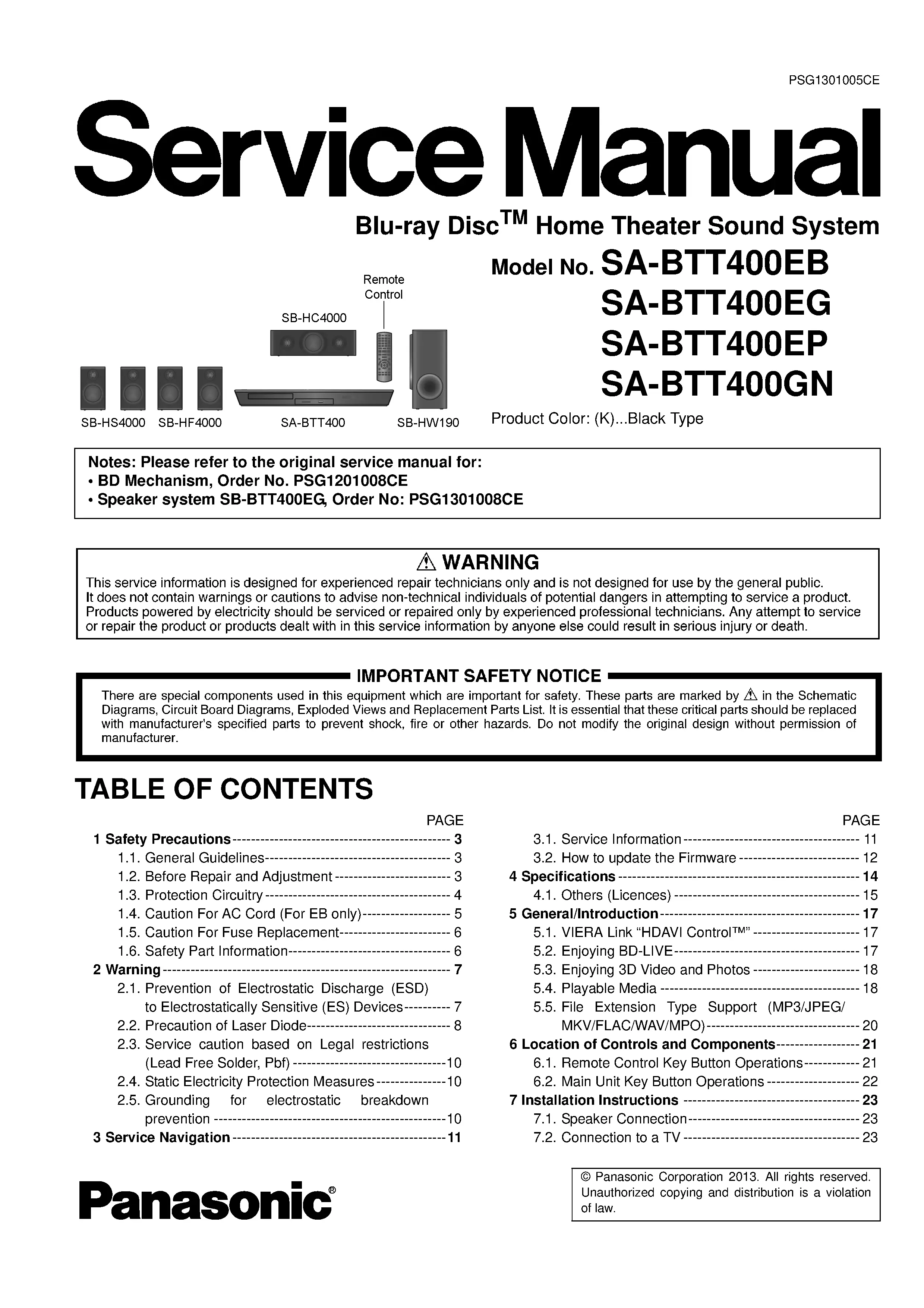 Panasonic sc btt400 service manual cover