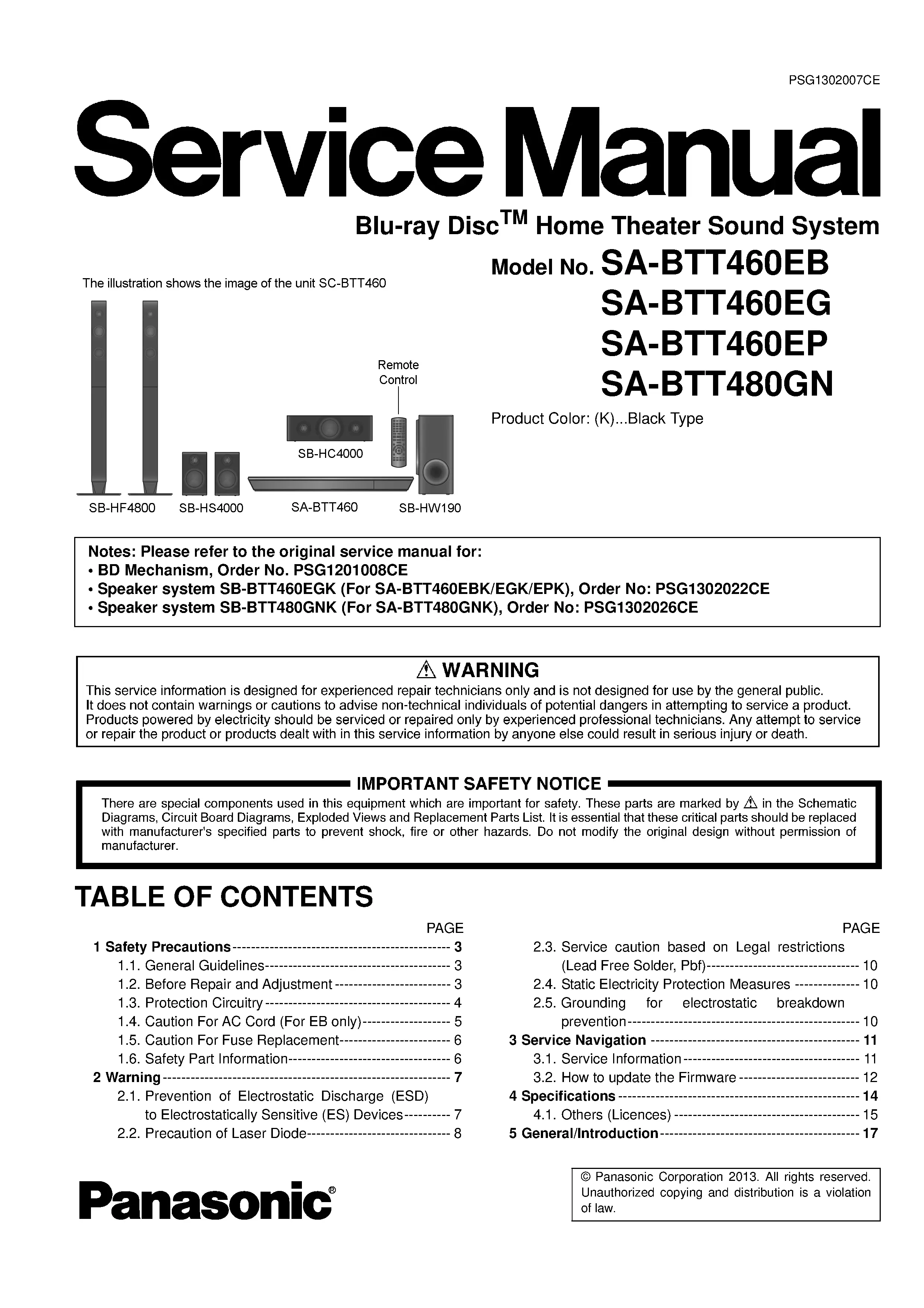 Panasonic sc btt460 btt460eb btt460eg btt460ep service manual cover