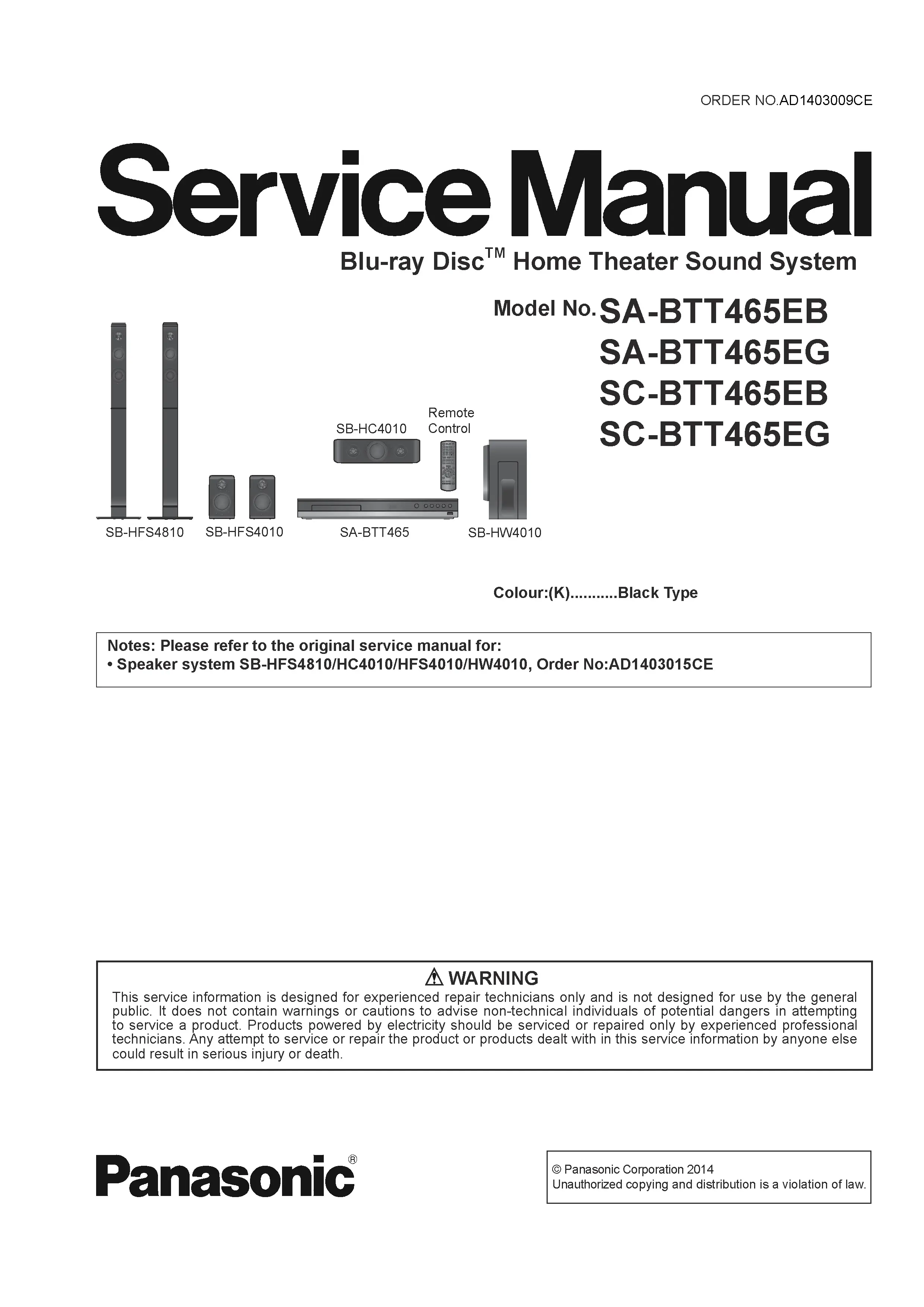 Panasonic sc btt465 btt465eg btt465eb service manual cover