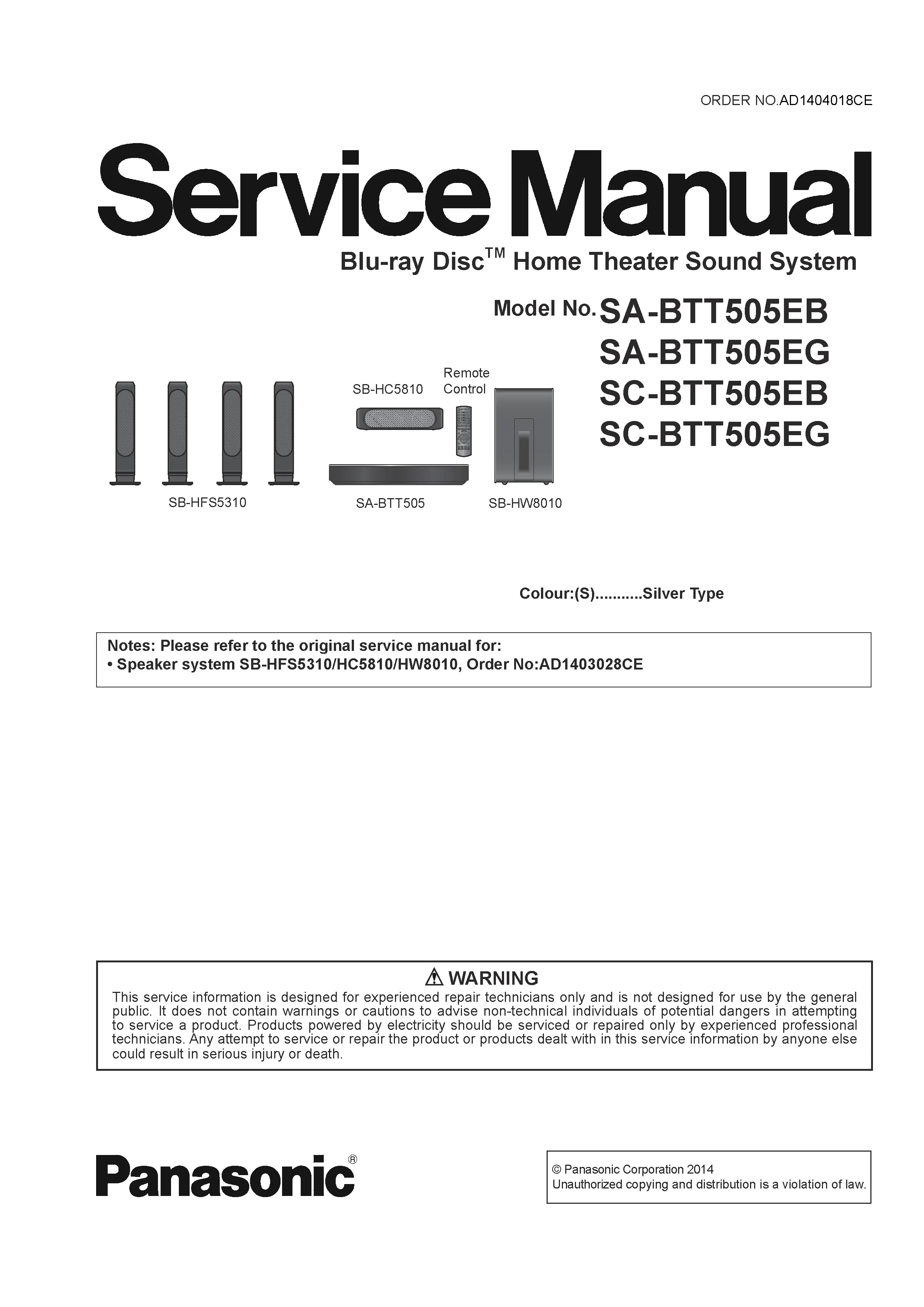 Panasonic sc btt505 service manual cover