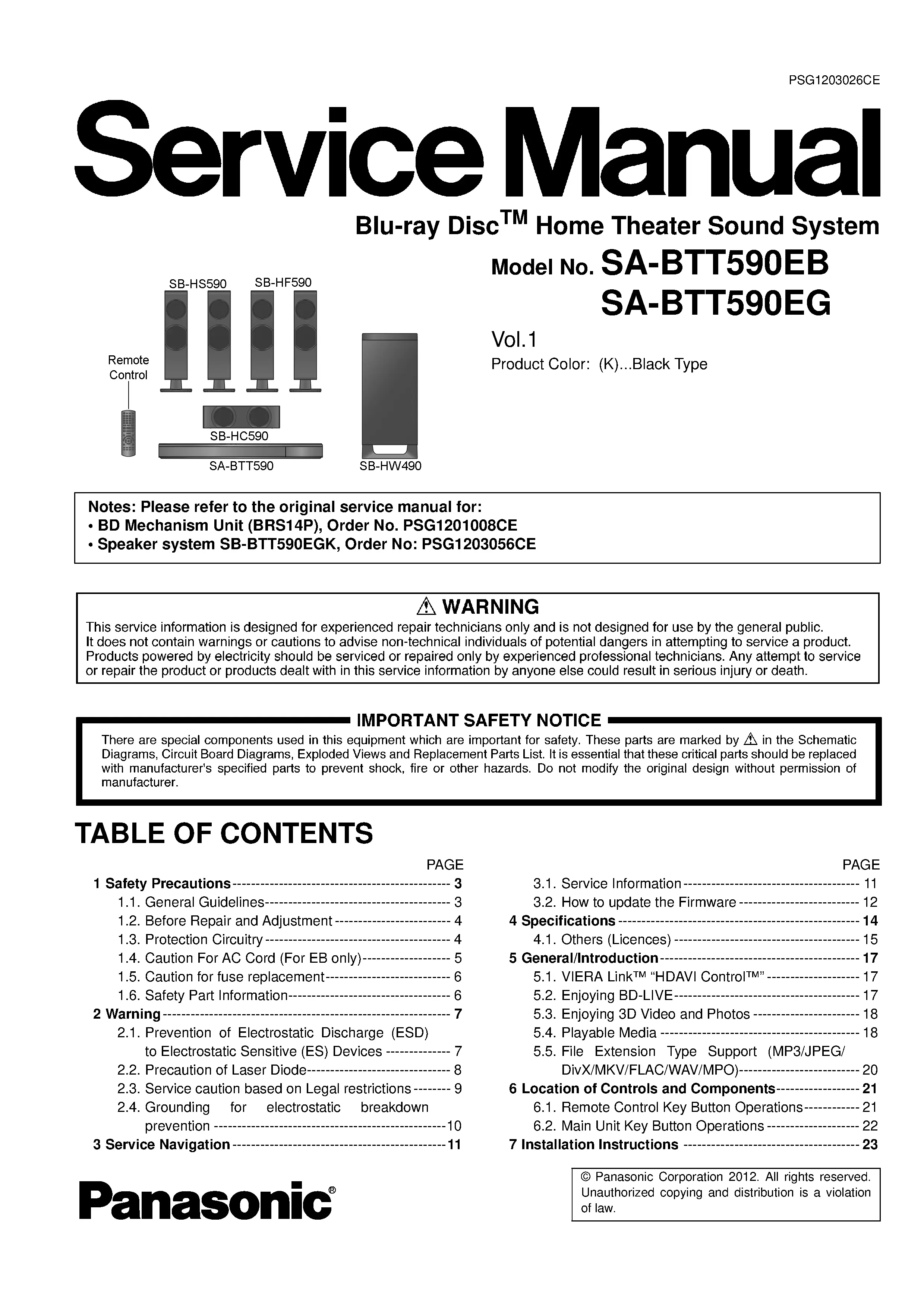 Panasonic sc btt590 btt590eb btt590eg service manual cover
