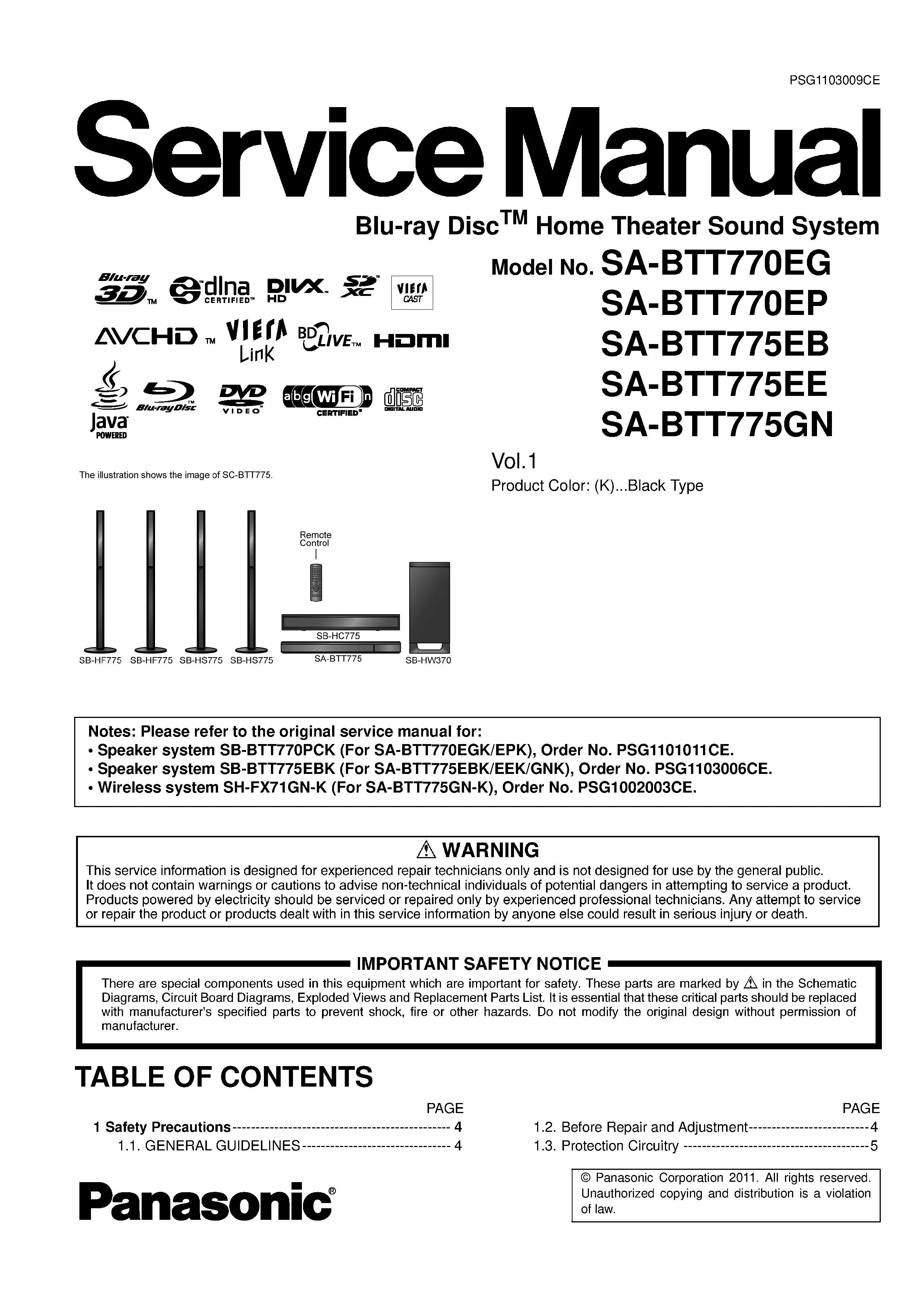 Panasonic sc btt770 btt775 manuals service manual cover