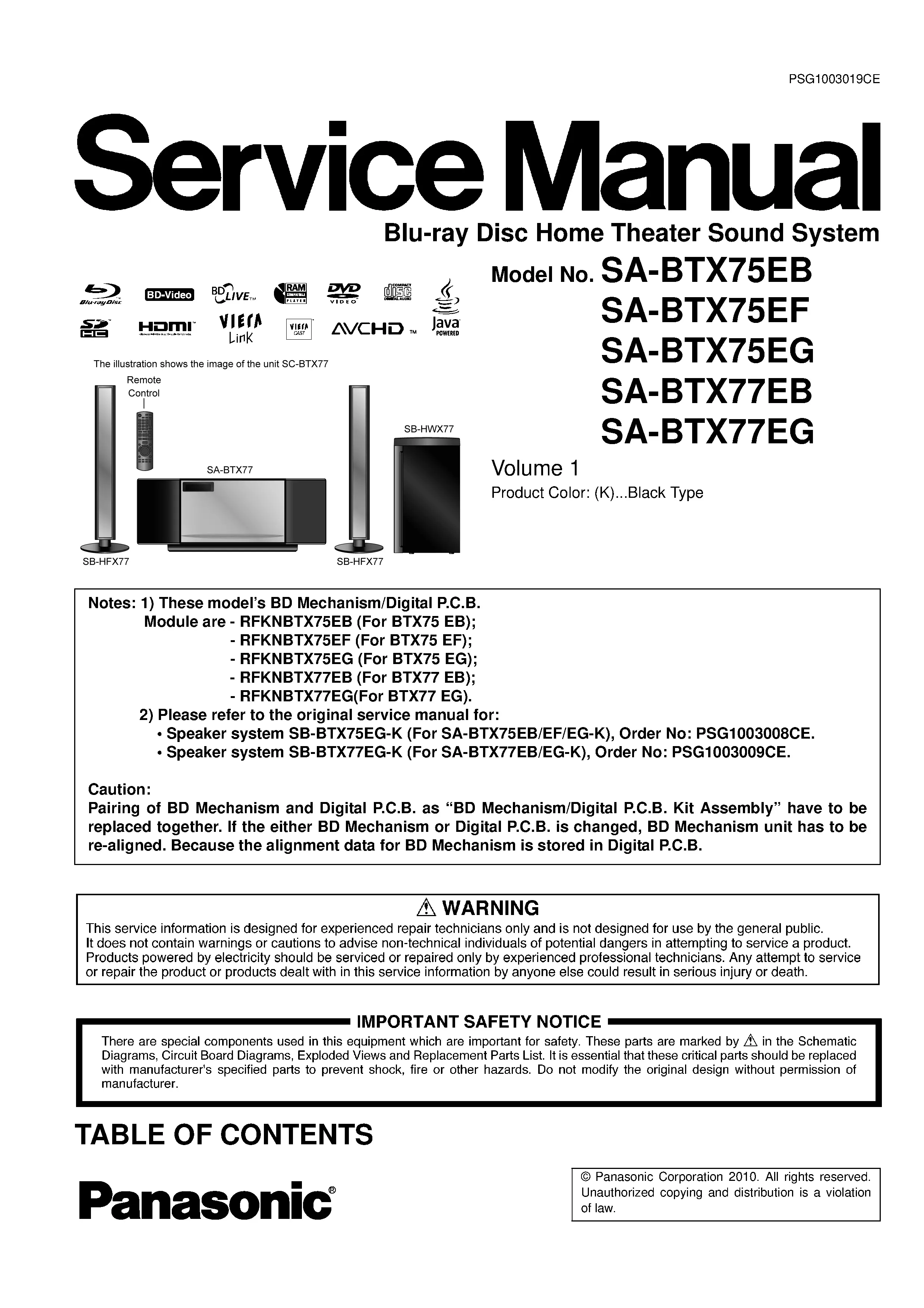 Panasonic sc btx75 btx77 service manual cover