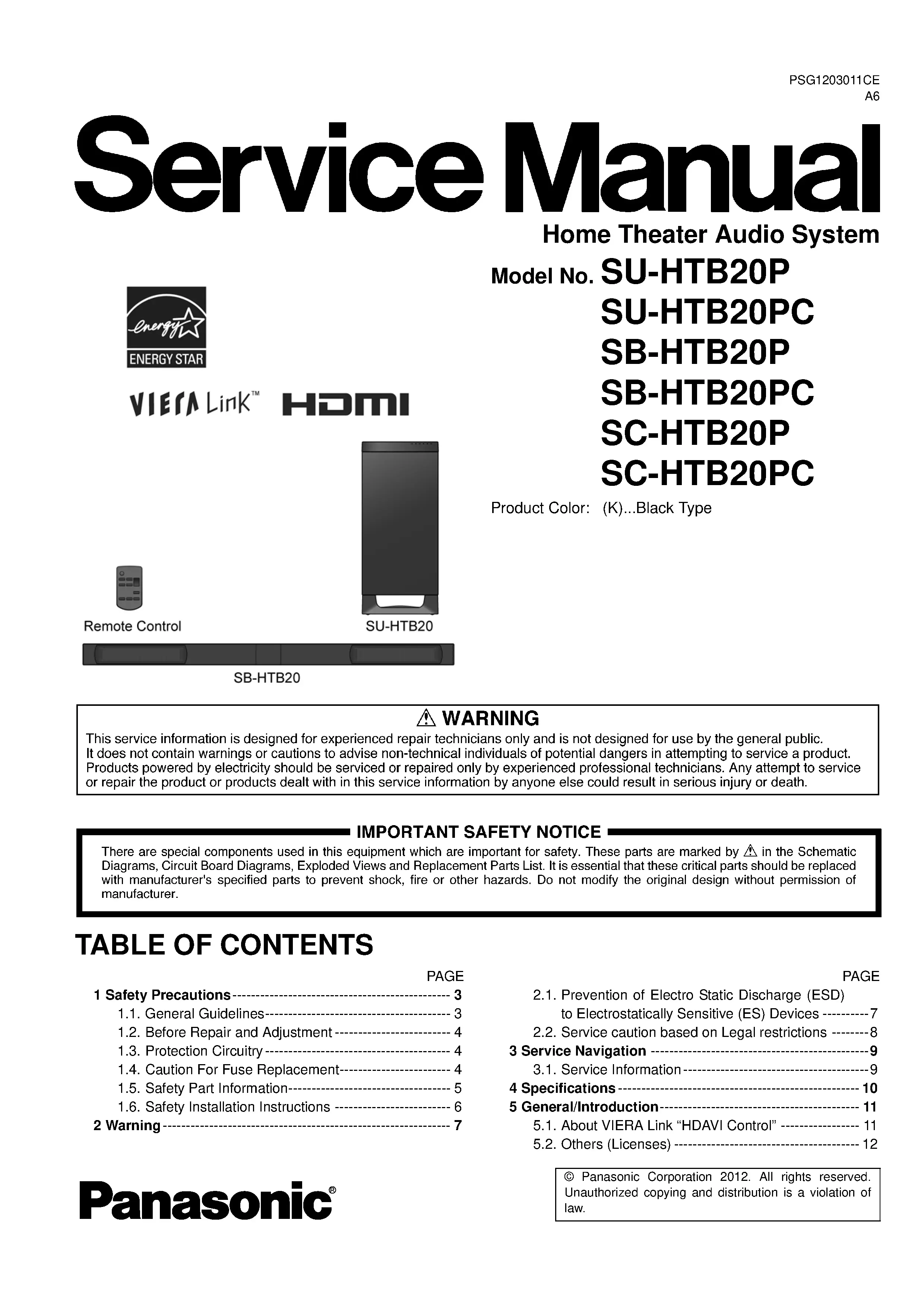 Panasonic sc htb20 htb20p htb20pc service manual cover