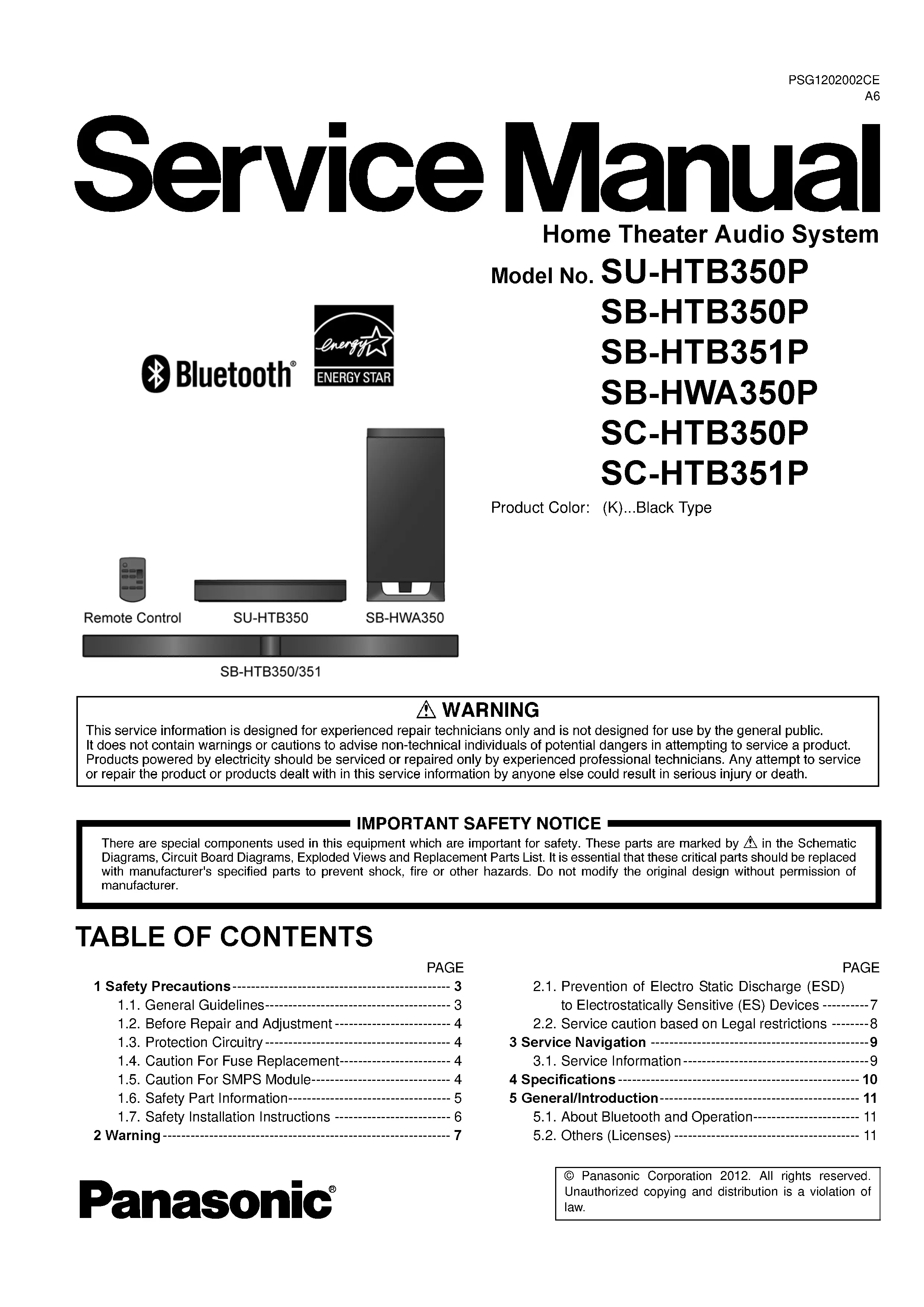 Panasonic sc htb350 htb351 htb350p htb351p service manual cover