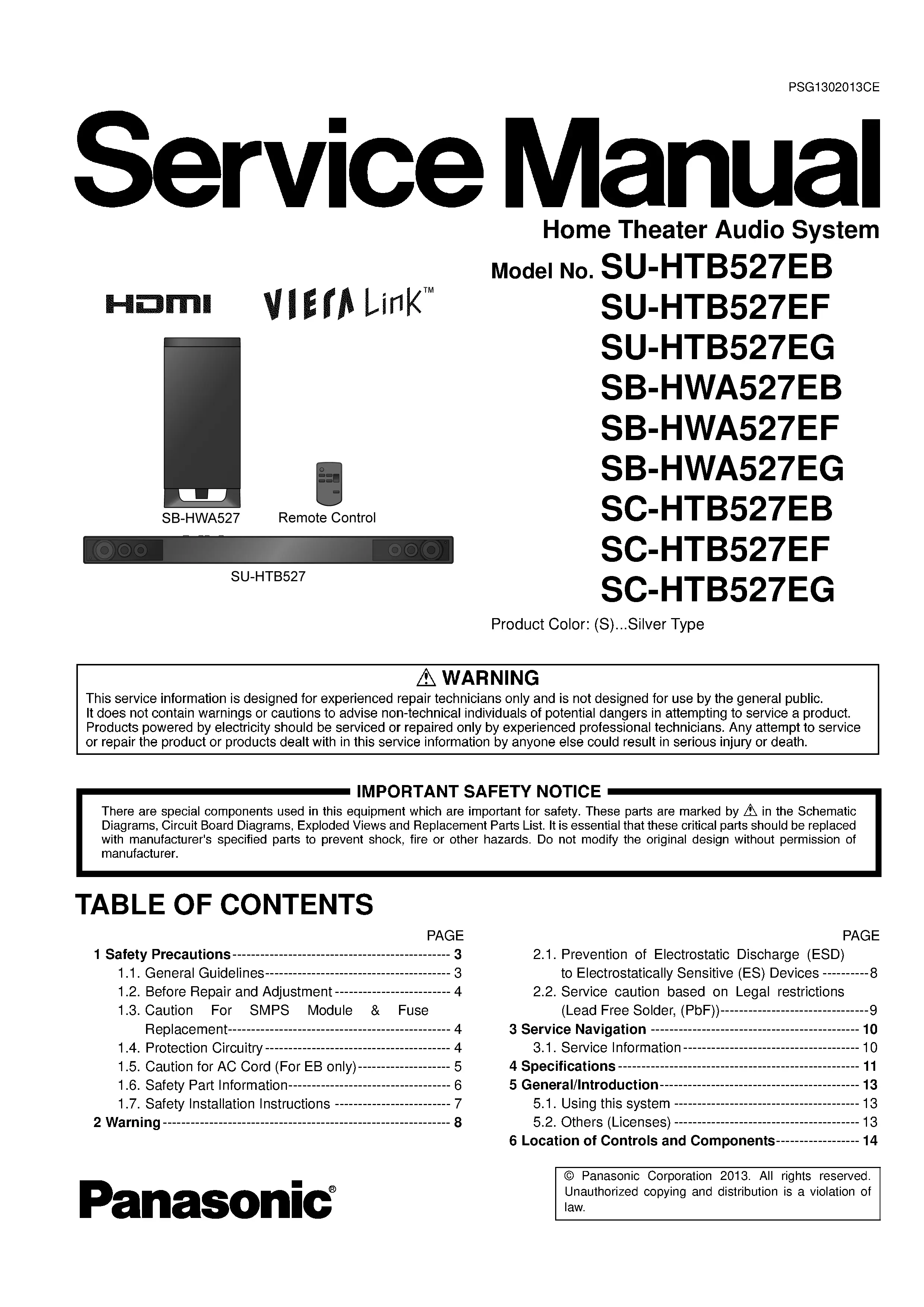 Panasonic sc htb527 sb hwa527 su htb527 service manual cover