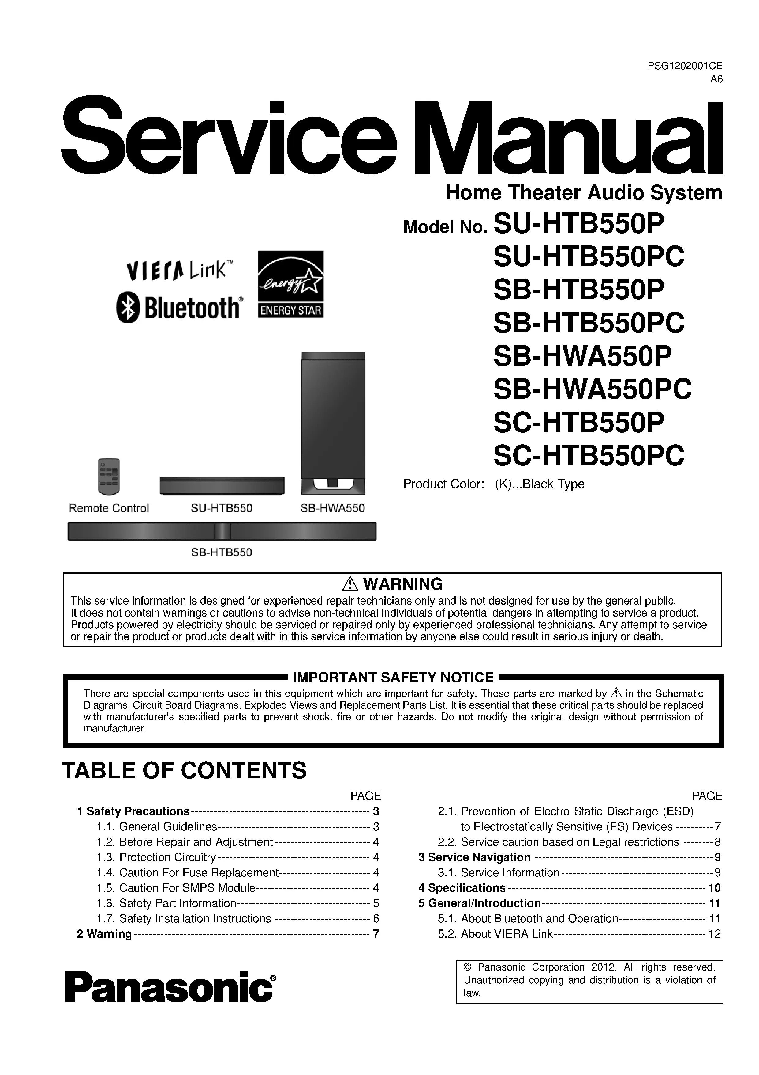 Panasonic sc htb550 sb hwa550 service manual cover