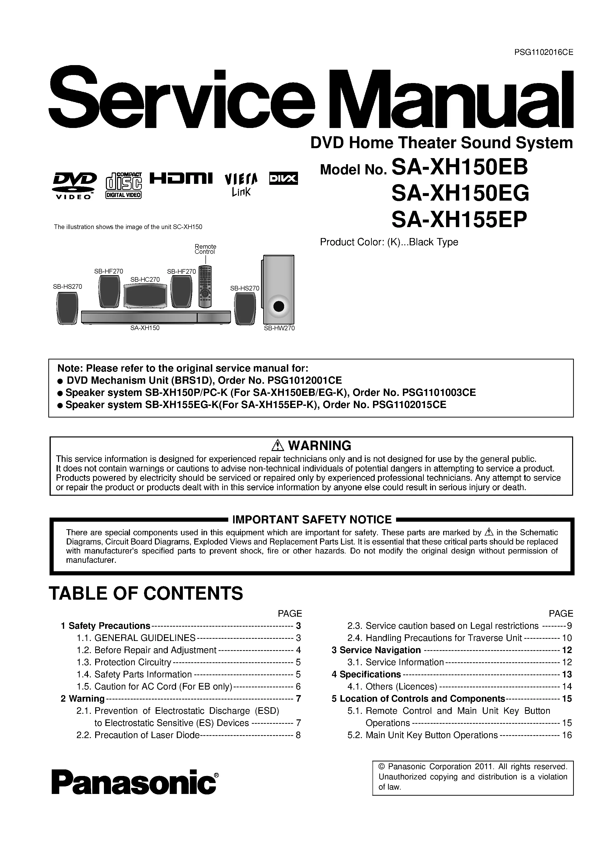 Panasonic sc xh150 xh155 service manual cover