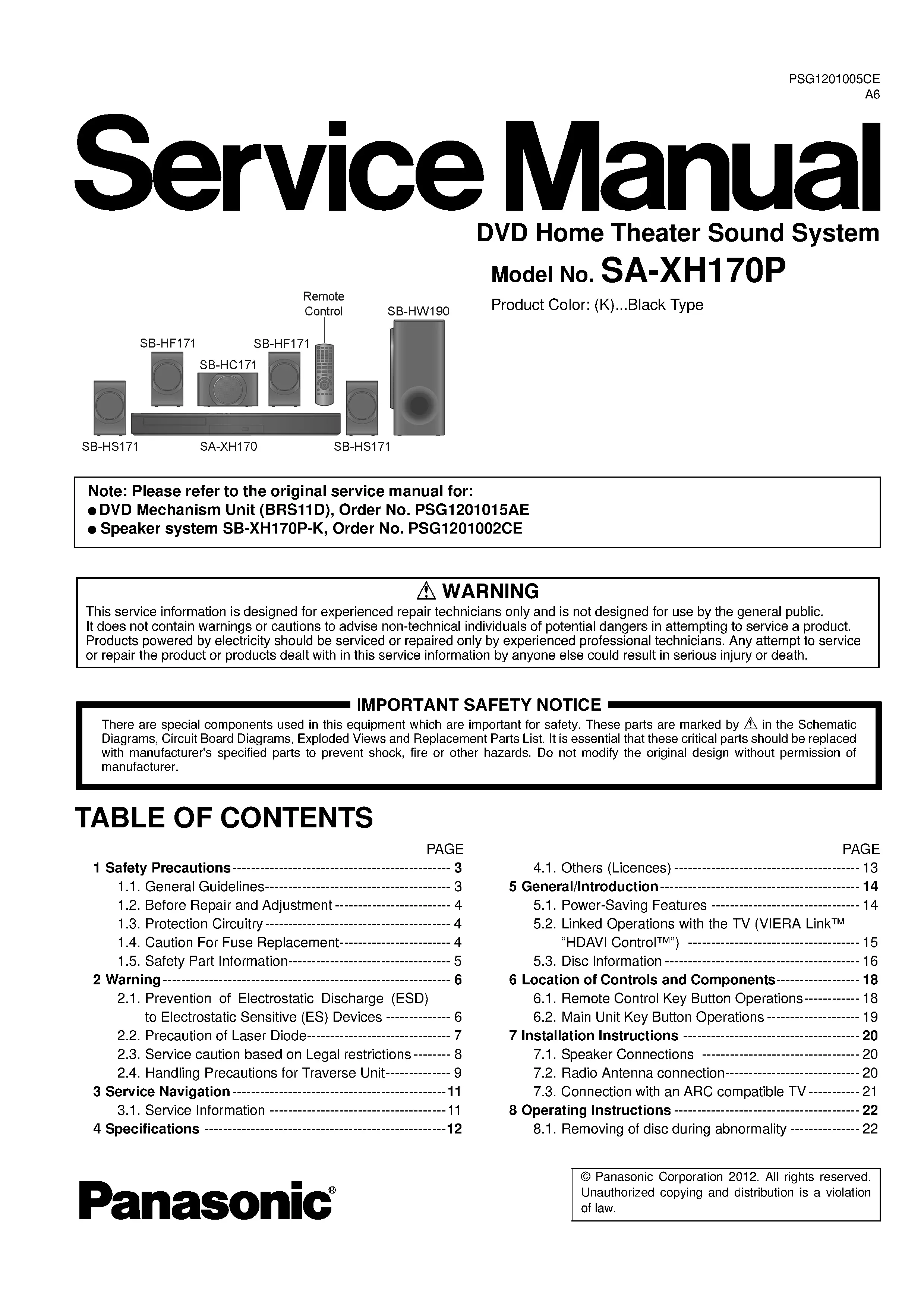 Panasonic sc xh170 service manual cover