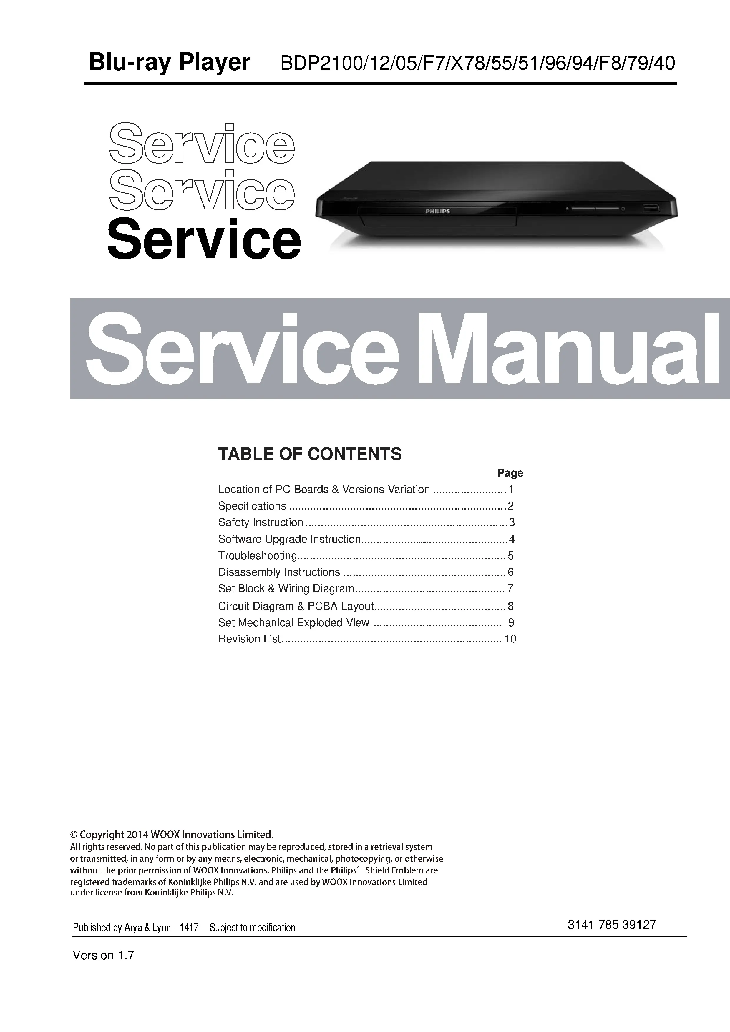 Philips bdp2100x service manual cover