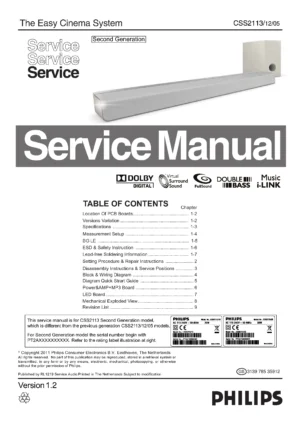 Philips css2113 service manual cover with picture of the device, model type and number, table of contents, manual version and publication year.