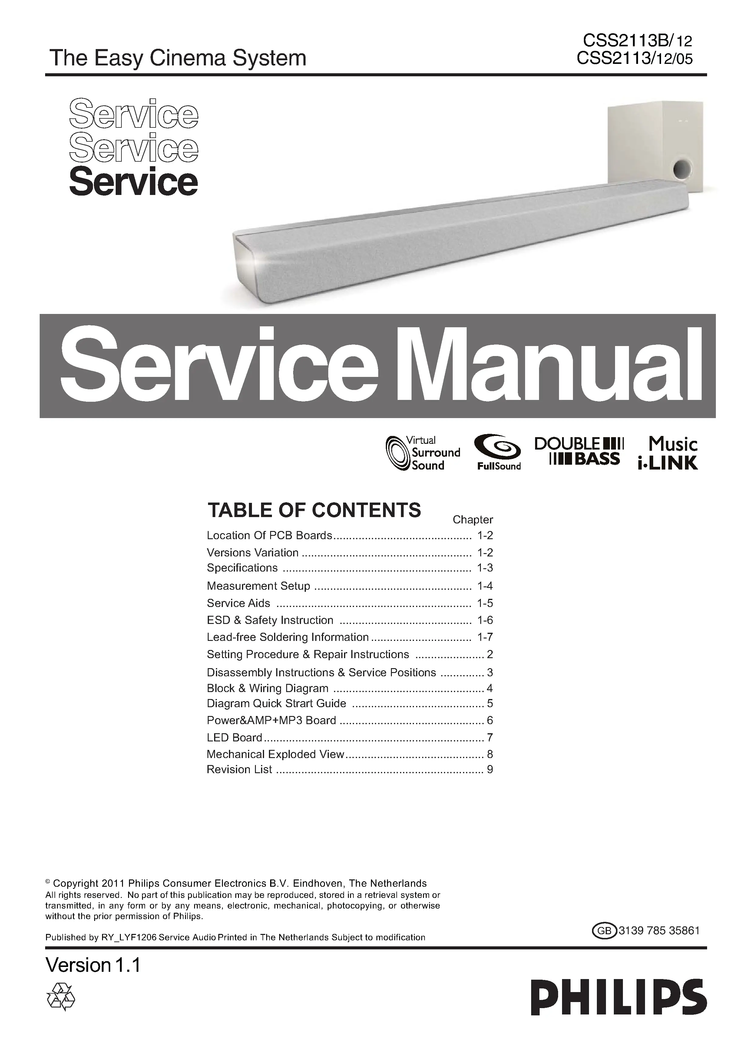 Philips css2113b service manual cover with picture of the device, model type and number, table of contents, manual version and publication year.