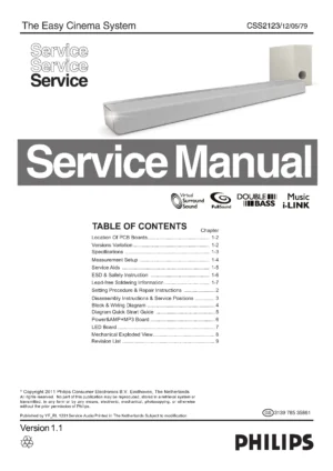 Philips css2123 service manual cover with picture of the device, model type and number, table of contents, manual version and publication year.