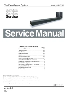 Philips css2133b service manual cover with picture of the device, model type and number, table of contents, manual version and publication year.