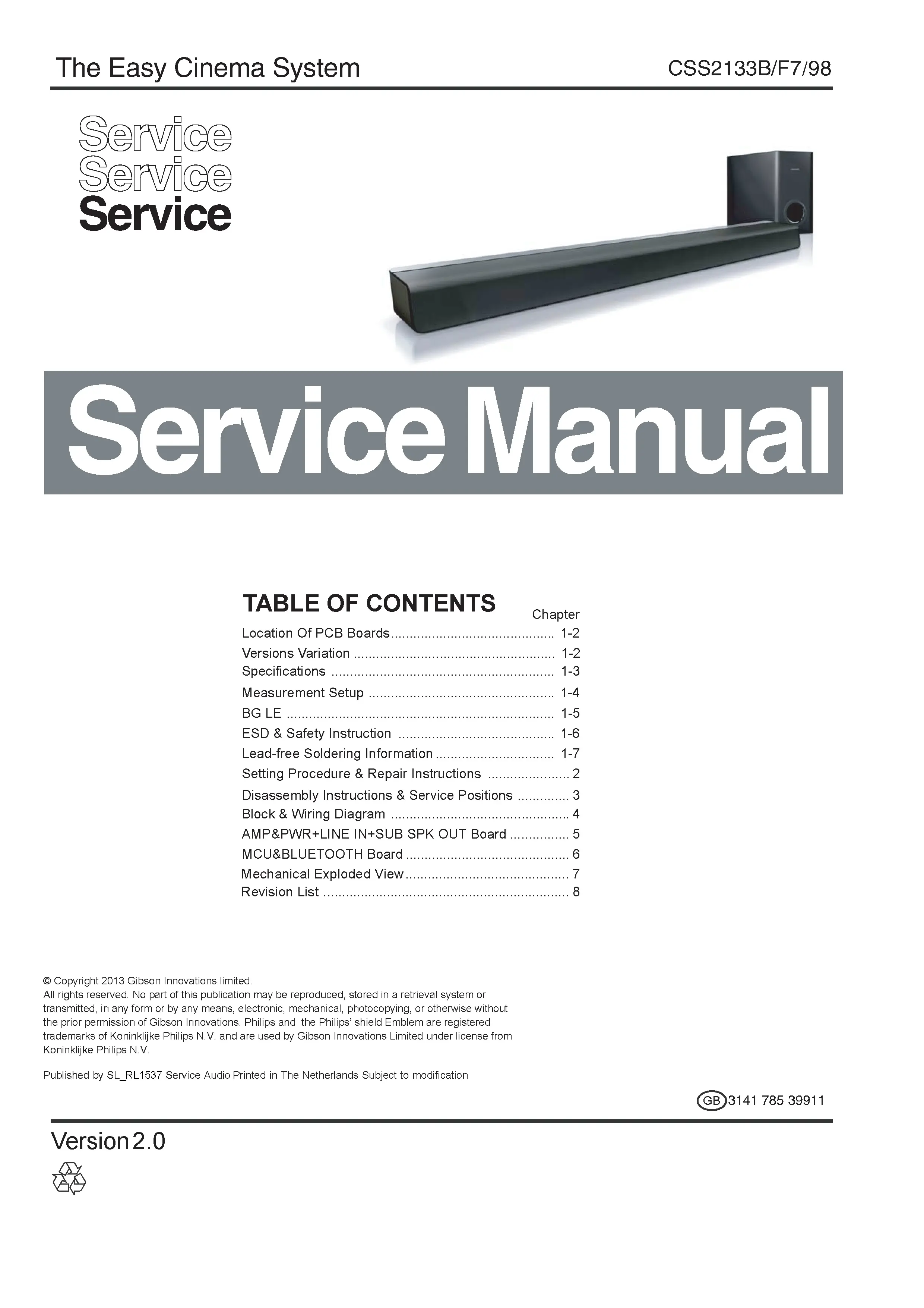 Philips css2133b service manual cover with picture of the device, model type and number, table of contents, manual version and publication year.