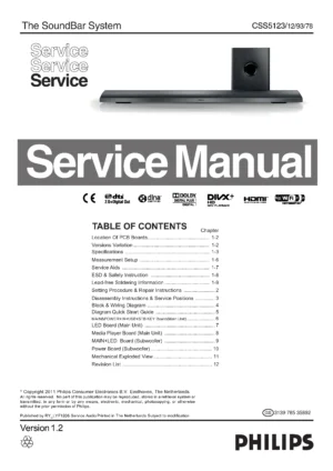 Philips css5123 service manual cover with picture of the device, model type and number, table of contents, manual version and publication year.