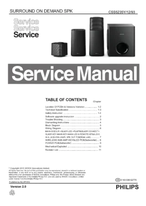 Philips css5235y service manual cover with picture of the device, model type and number, table of contents, manual version and publication year.