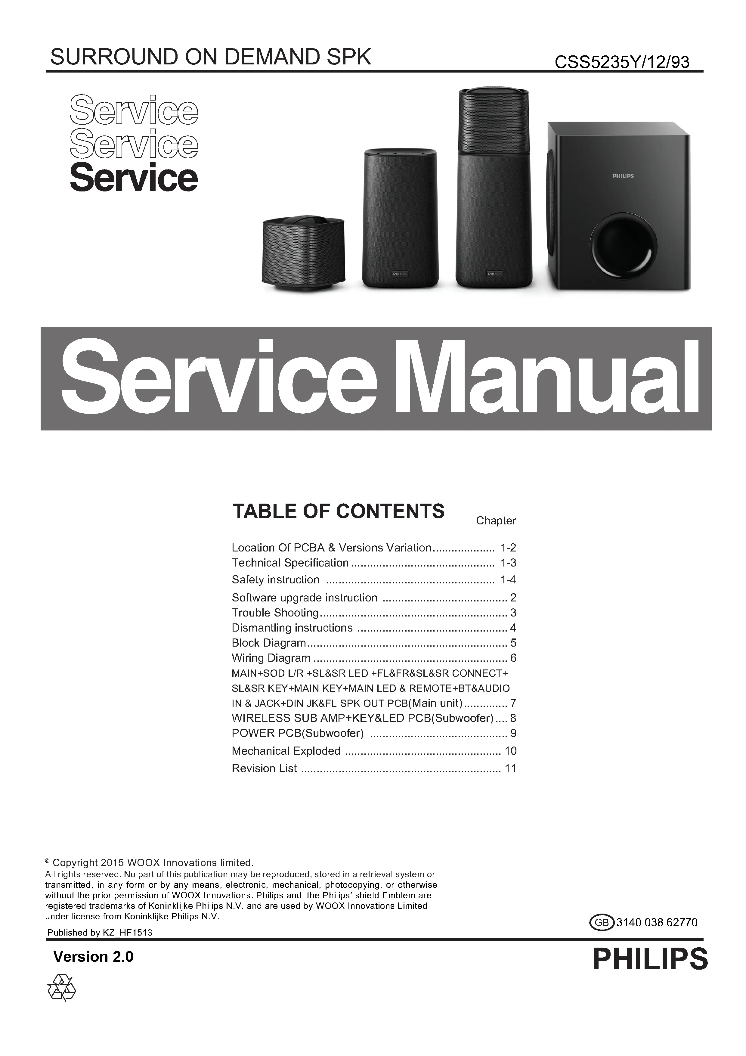 Philips css5235y service manual cover with picture of the device, model type and number, table of contents, manual version and publication year.