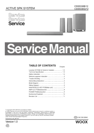 Philips css5330g service manual cover with picture of the device, model type and number, table of contents, manual version and publication year.