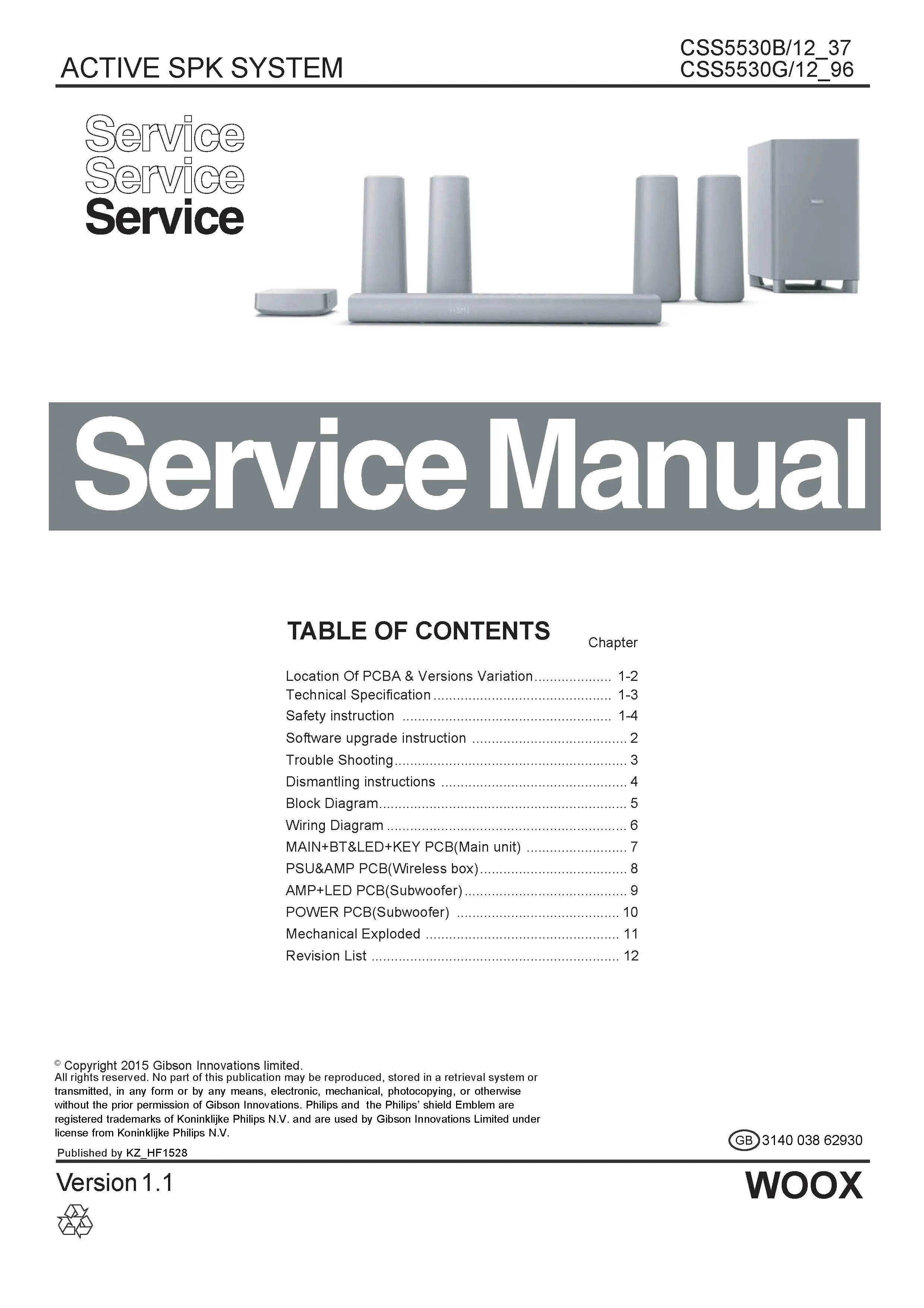 Philips css5530b service manual cover with picture of the device, model type and number, table of contents, manual version and publication year.