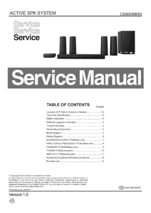 Philips css6530b service manual cover with picture of the device, model type and number, table of contents, manual version and publication year.
