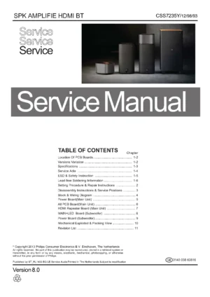 Philips css7235y service manual cover with picture of the device, model type and number, table of contents, manual version and publication year.