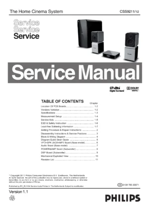 Philips css9211 service manual cover with picture of the device, model type and number, table of contents, manual version and publication year.